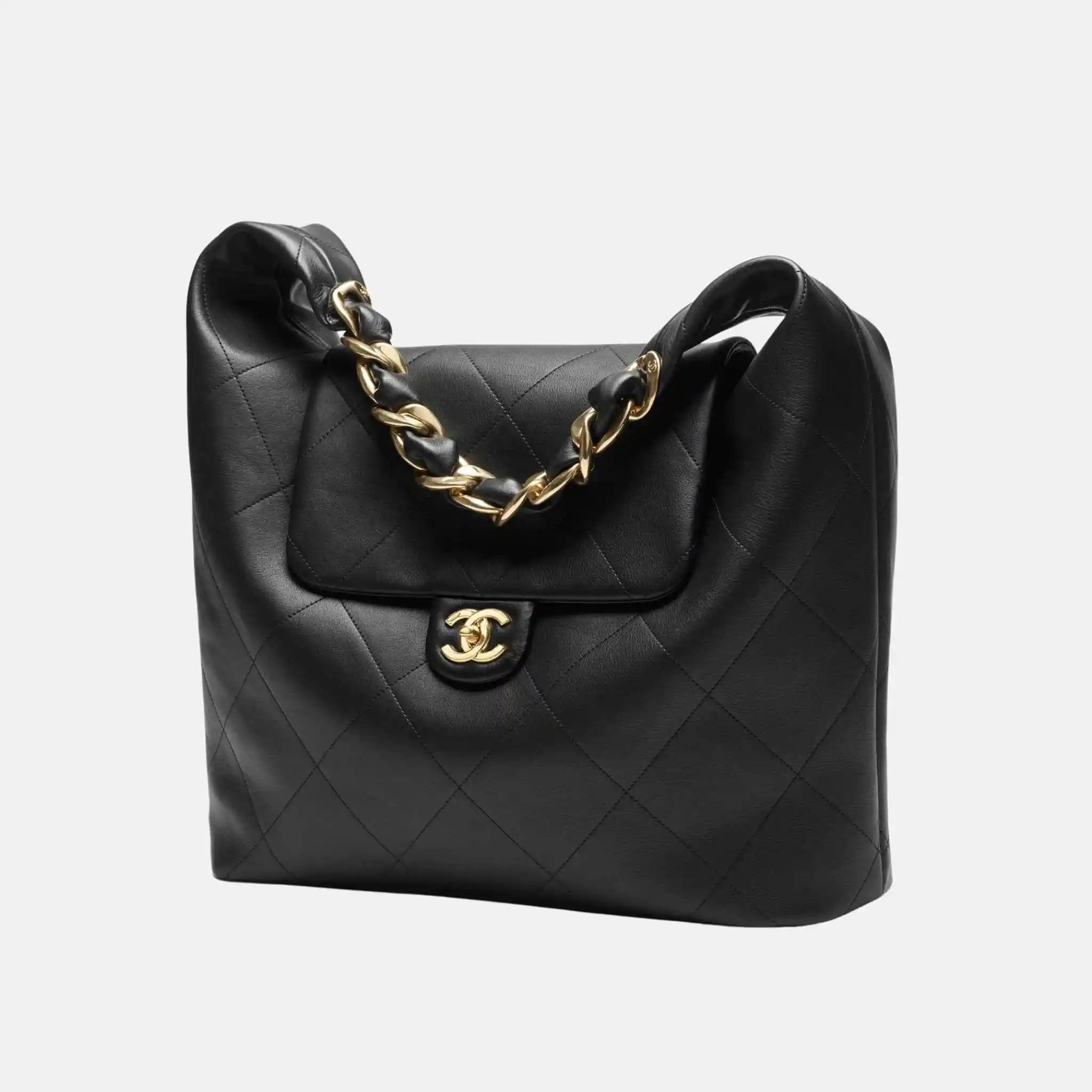 Chanel Maxi Hobo Bag Shiny Calfskin Gold Tone Metal Black, Front