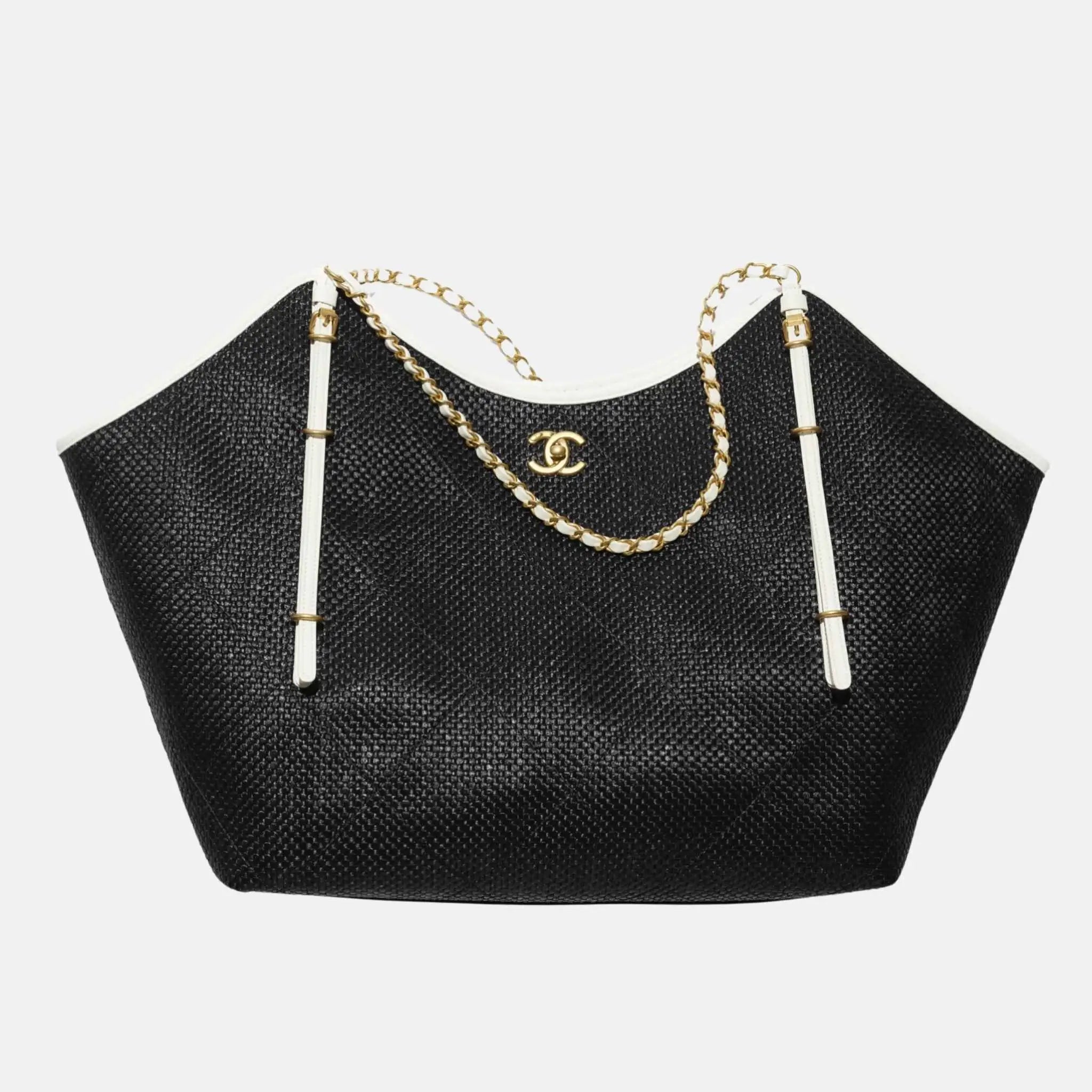 Chanel Maxi Shopping Bag Braided Raffia Calfskin Gold Tone Metal, Black, Front
