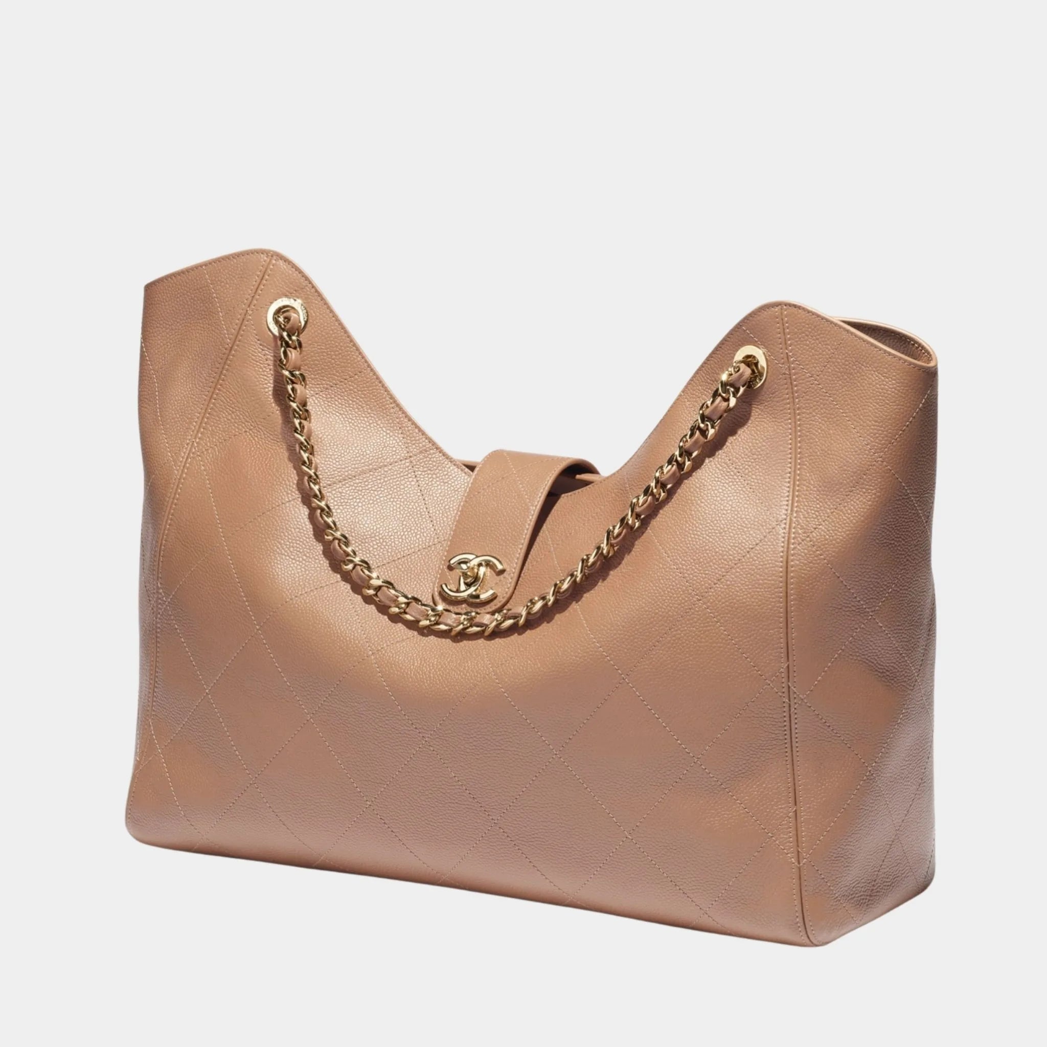 Chanel Maxi Shopping Bag Grained Calfskin & Gold Tone Metal Brown, Side