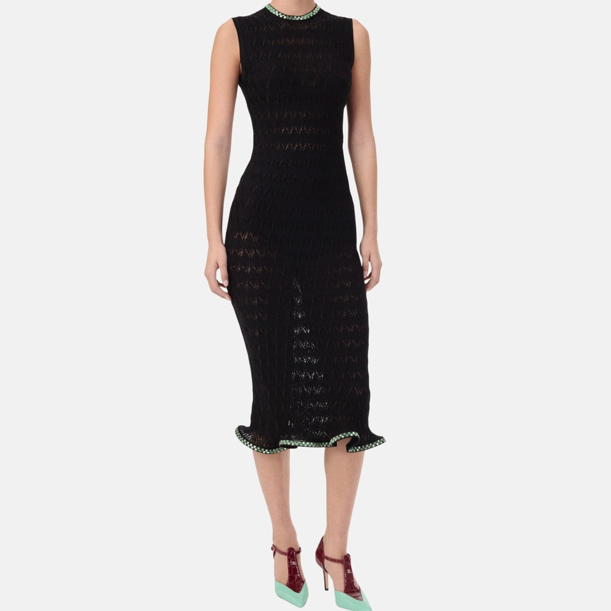 Chanel Chanel Midi Dress Embroidered Silk in Black Silver and Green, Front