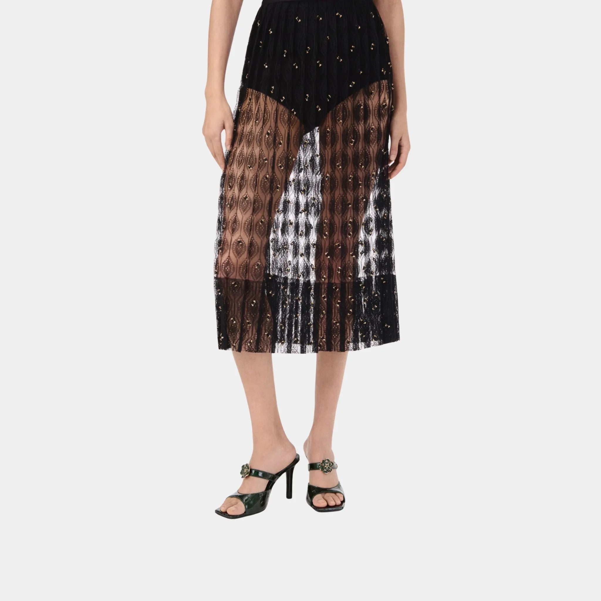 Chanel Midi Skirt in Black Embroidered Silk, Front