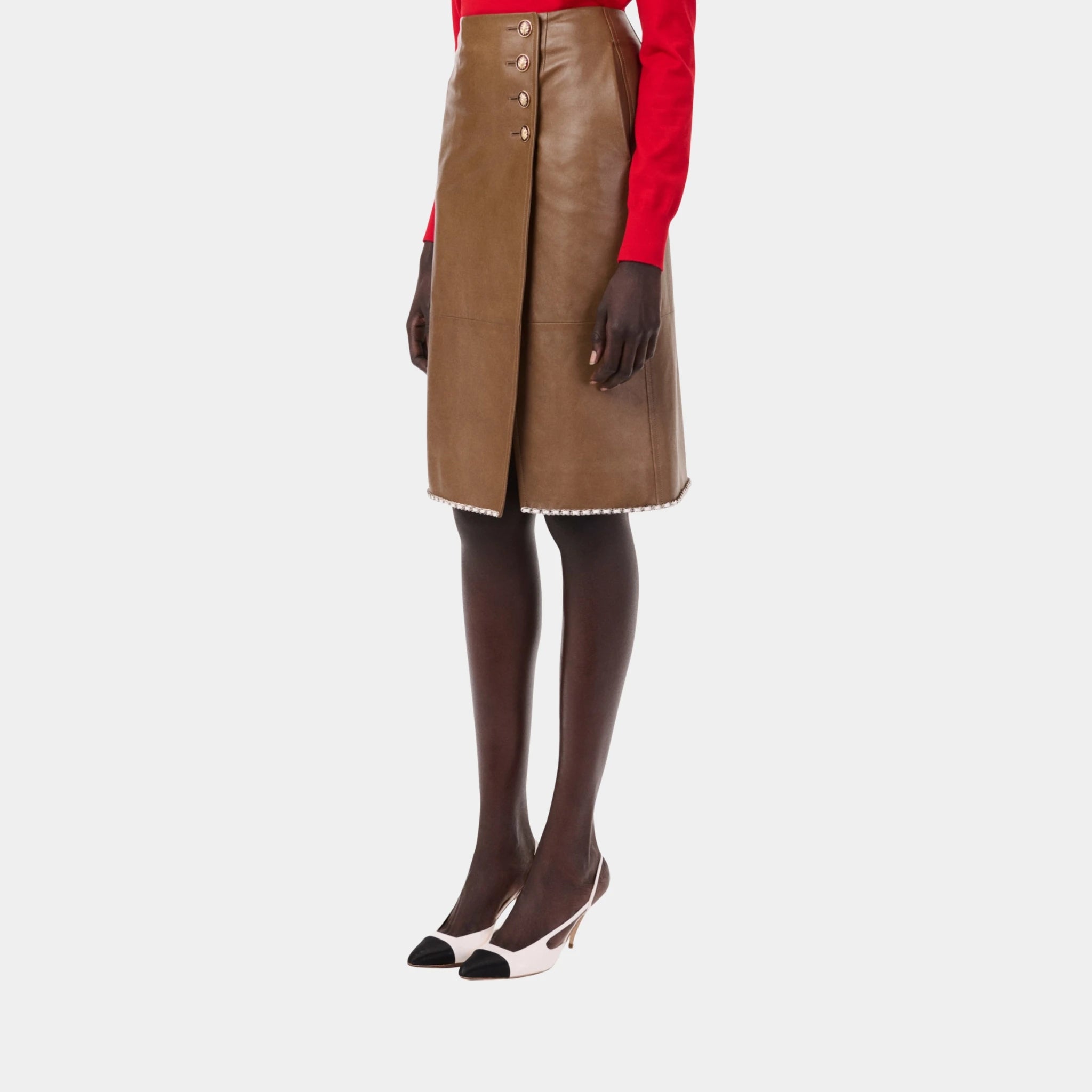 Chanel Midi Skirt Lambskin in Tobacco & White, Front