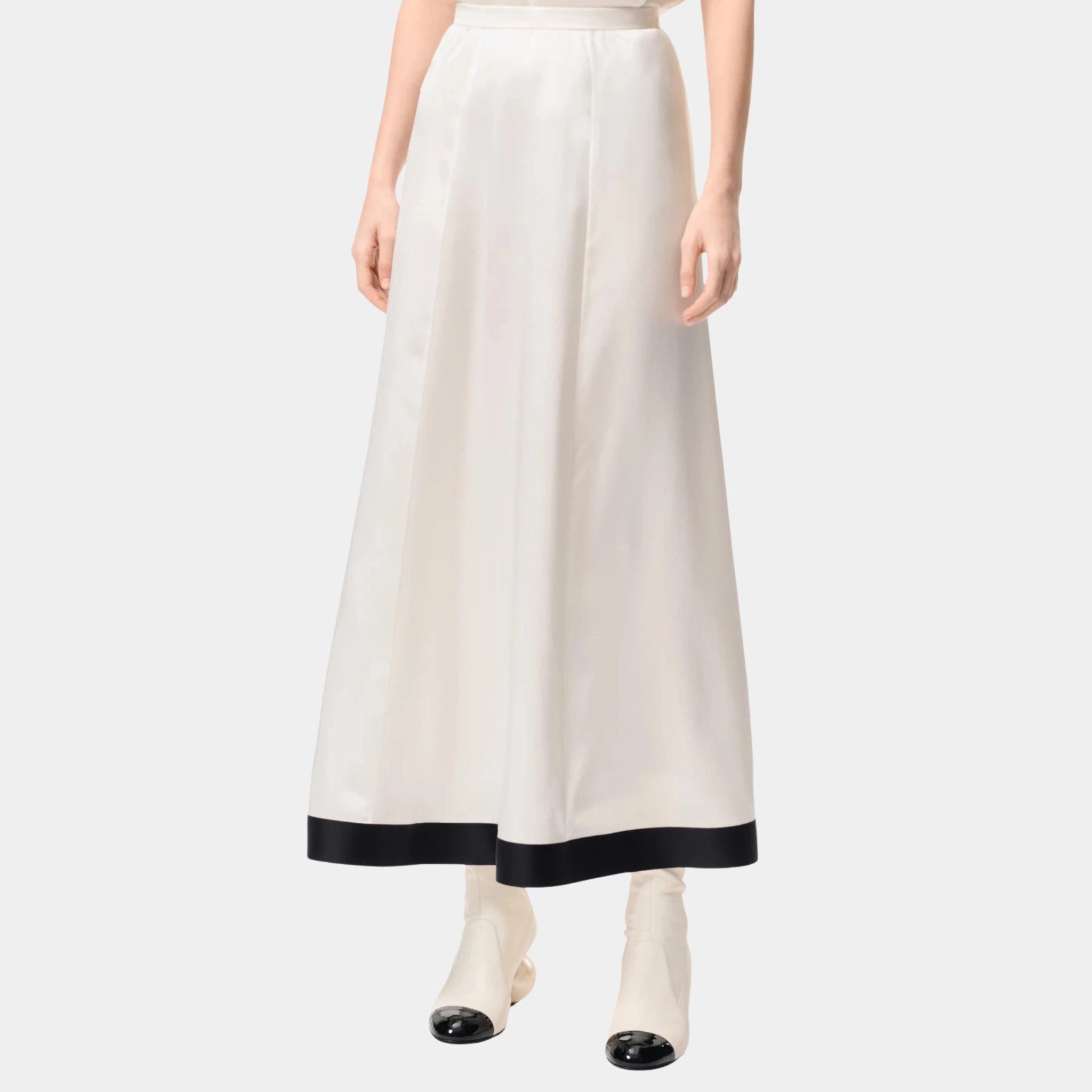 Chanel Midi Skirt in Silk Satin, Black, White, Front