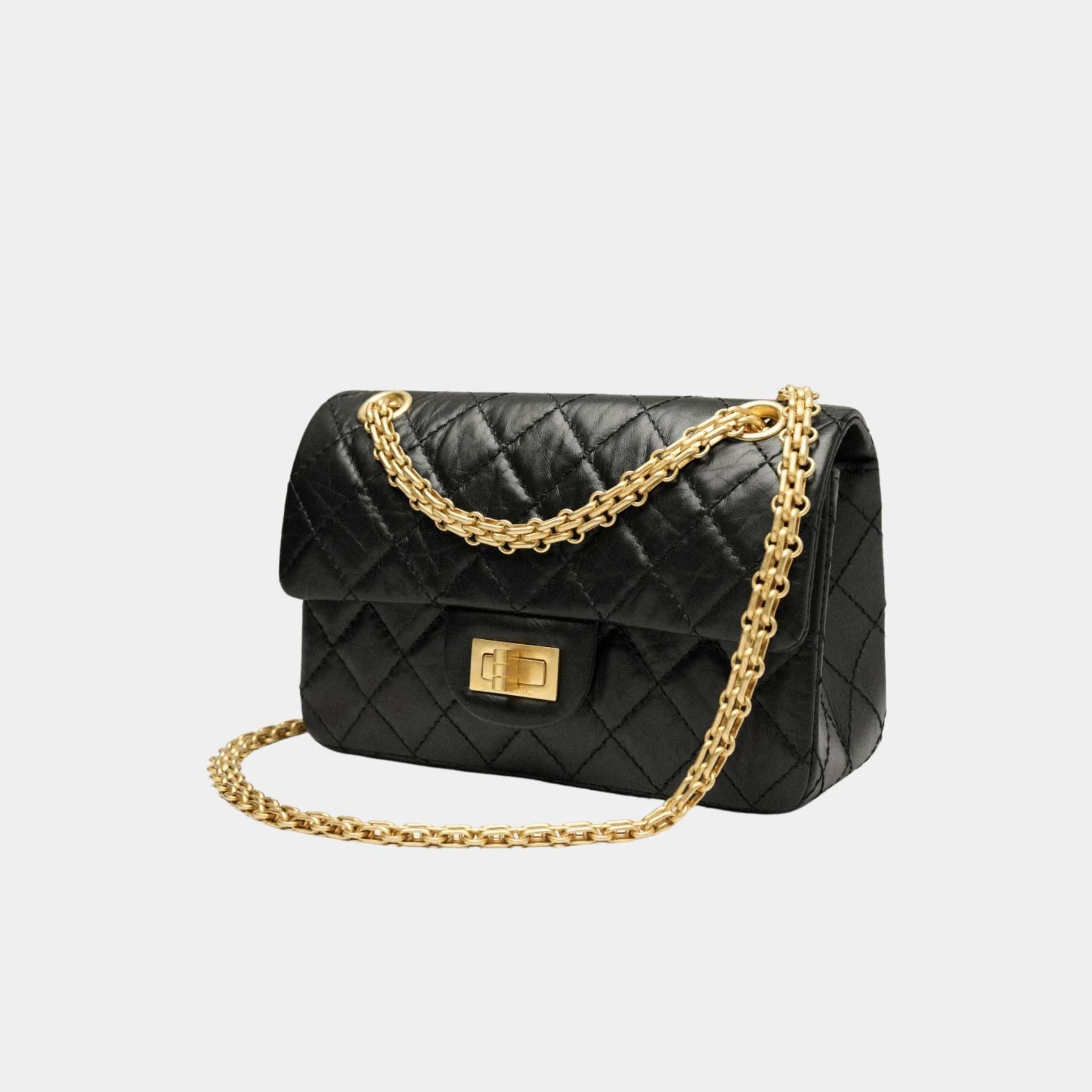 Chanel Mini 2.55 Handbag Aged Calfskin Gold Tone Metal Black, Side