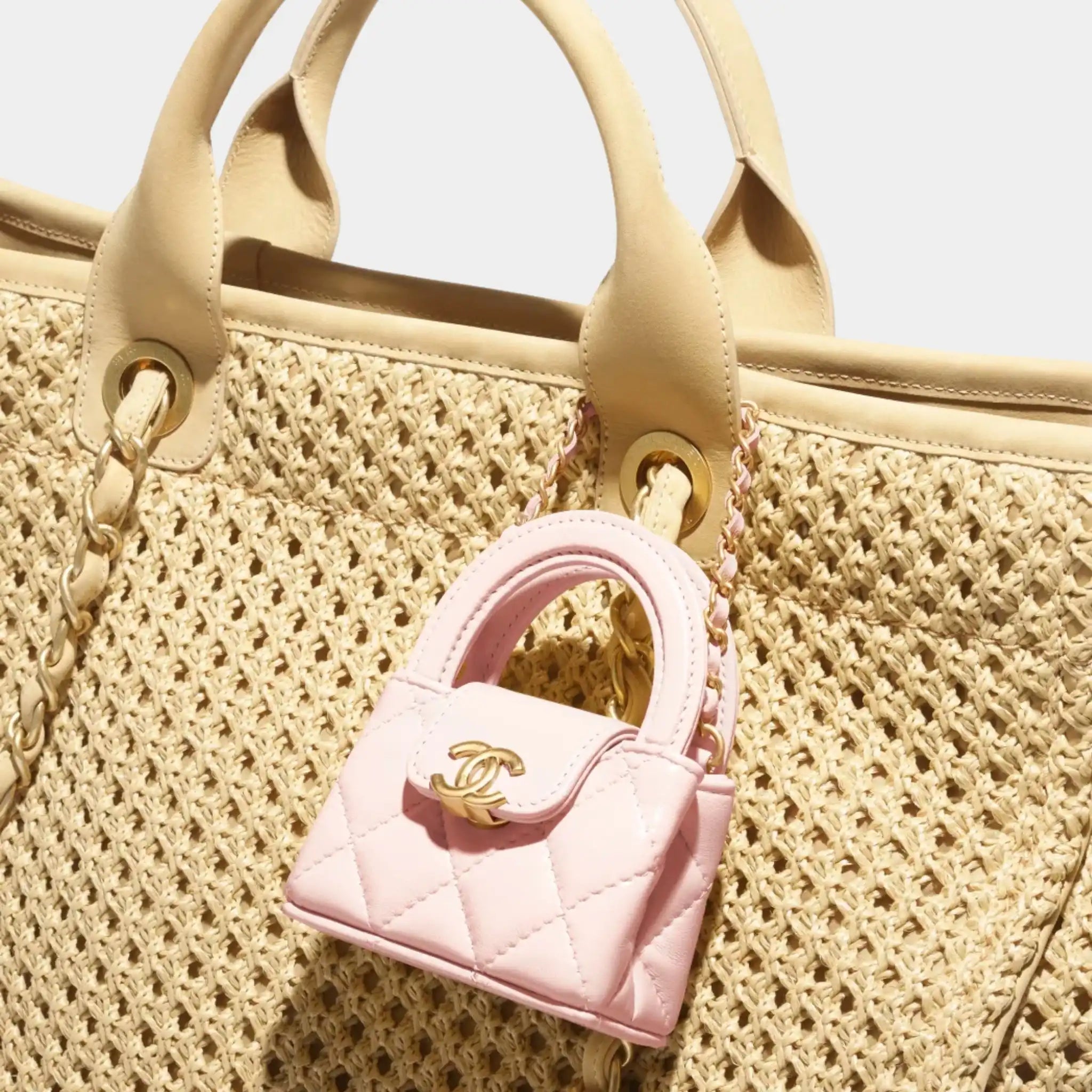 Chanel Mini Bag Charm Shiny Lambskin & Gold-Tone Metal, Light Pink, Close