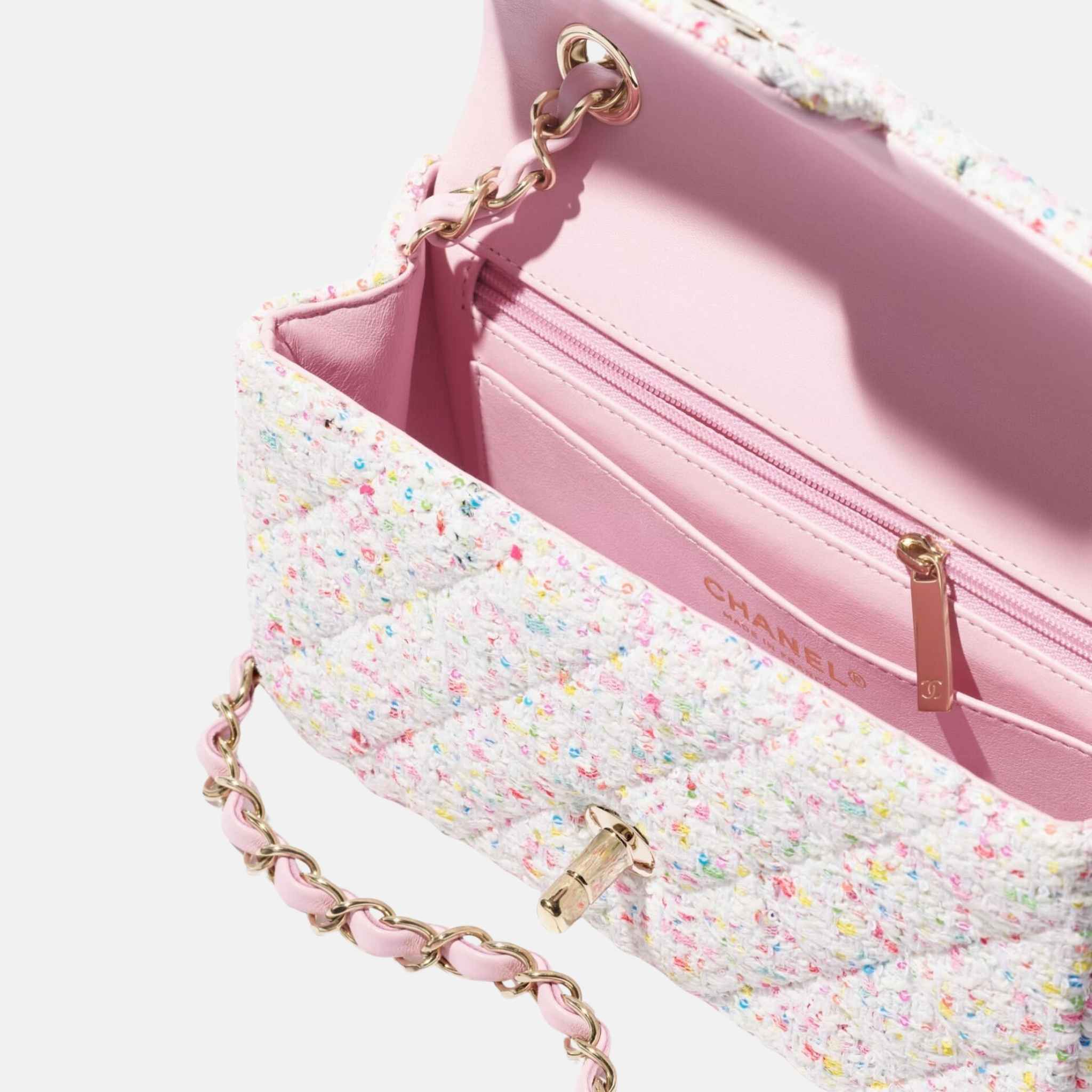 Chanel Mini Classic Handbag In Tweed And Gold Metal, Inside