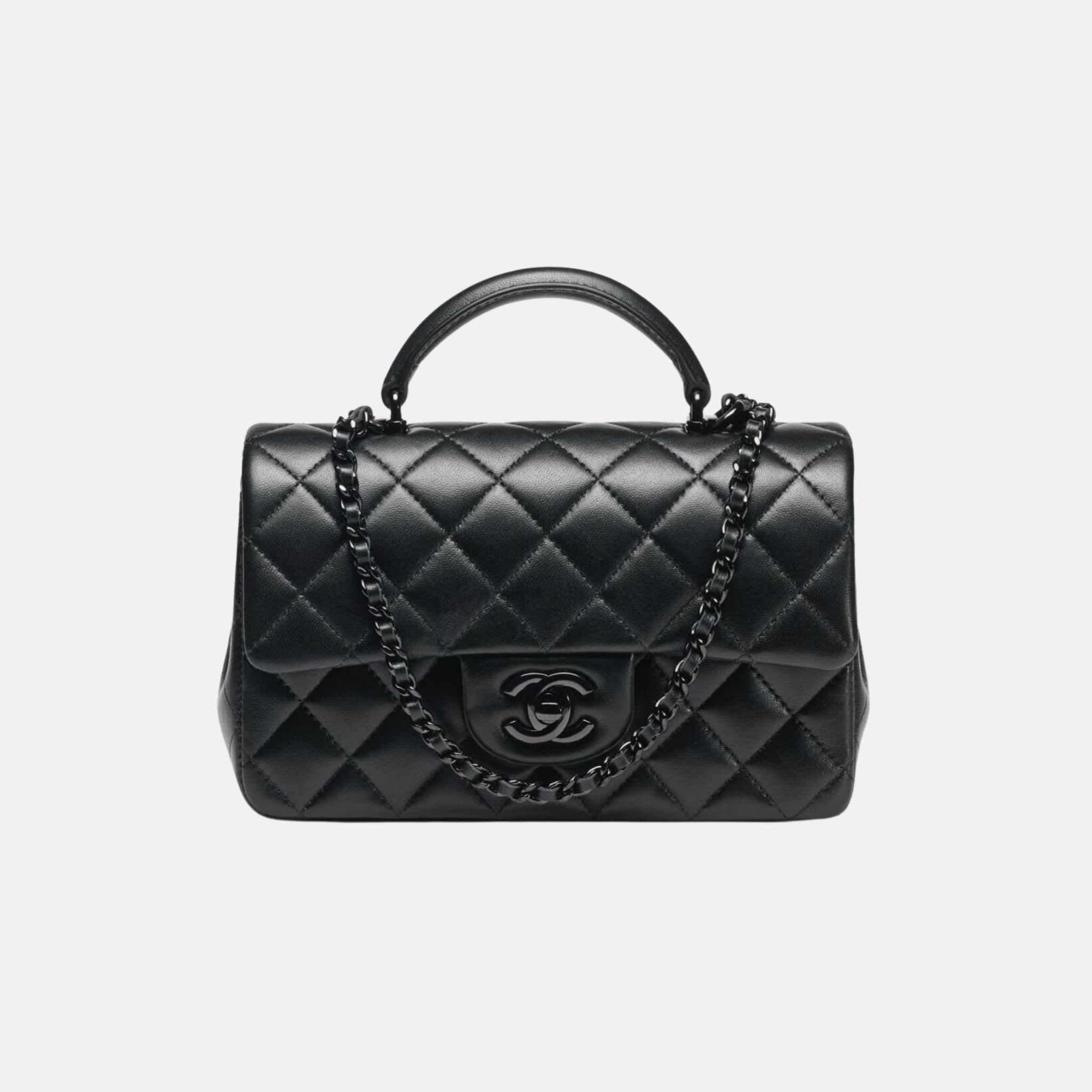 Chanel Mini Classic Handbag With Top Handle In Lambskin, Black, Front