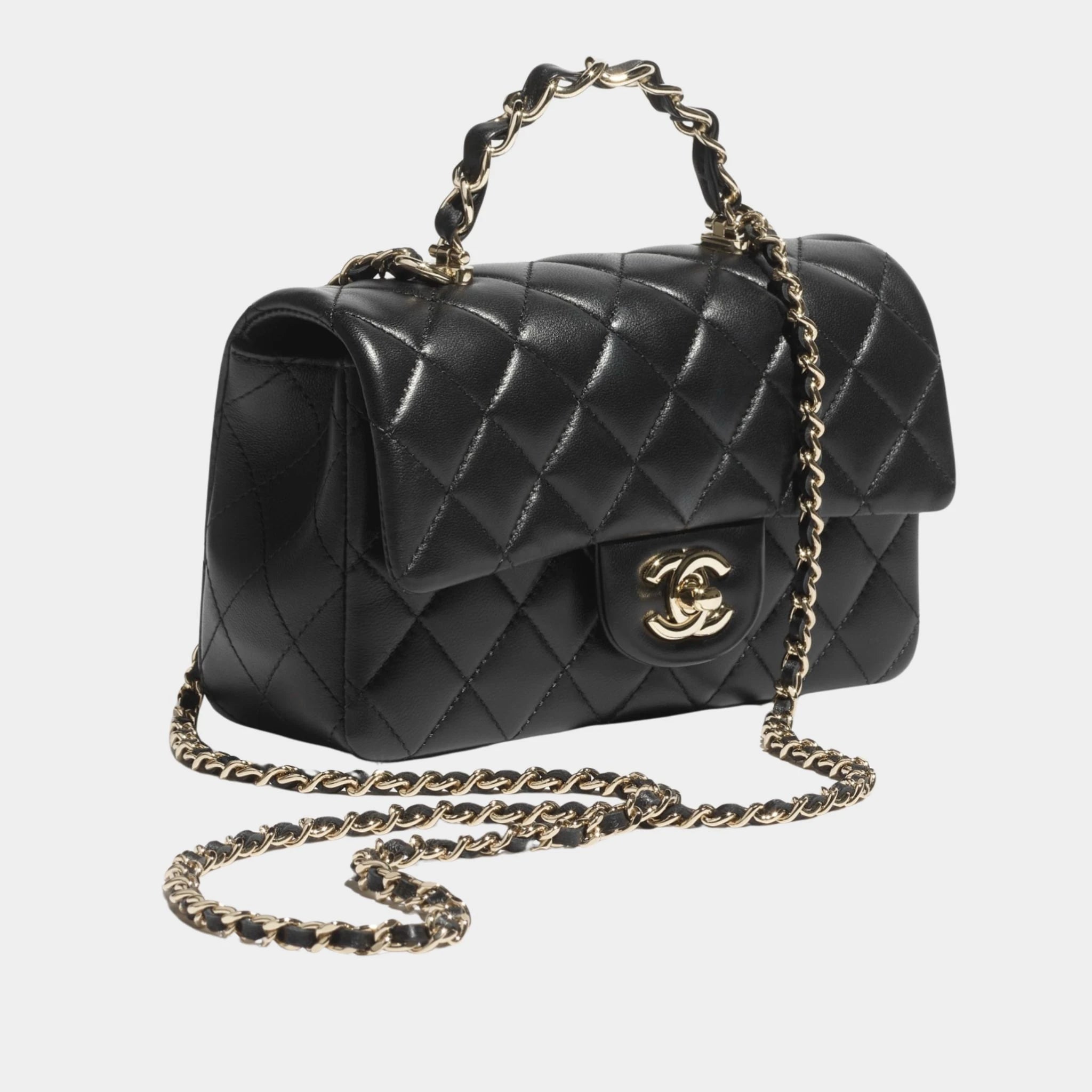 Mini Classic Handbag With Top Handle Lambskin, Black , Side