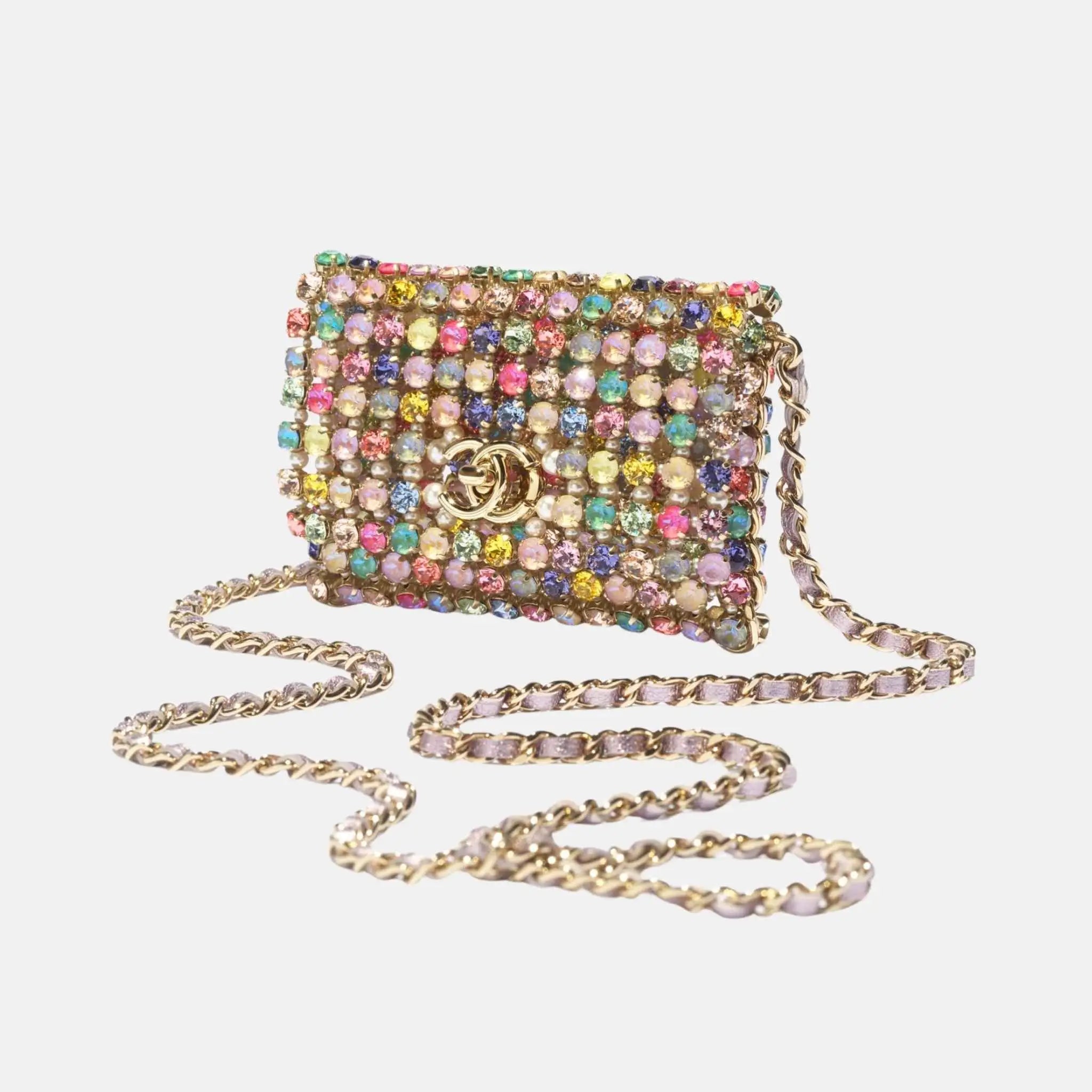 Mini Evening Bag Diamante Pearls Gold Tone Metal in Multicolour