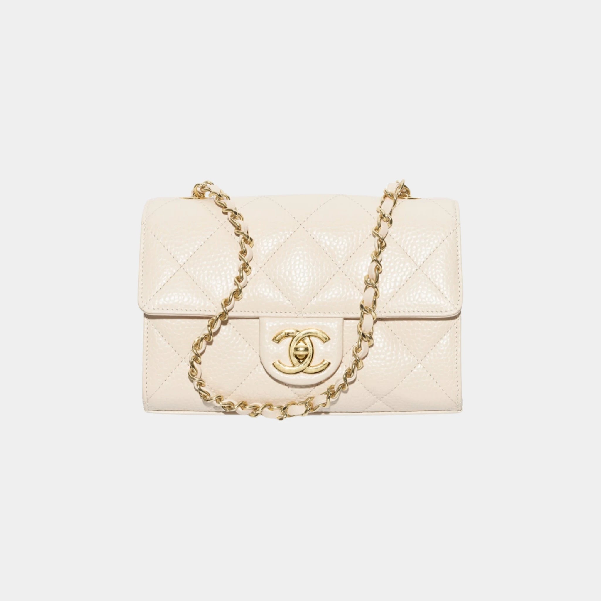 Chanel Mini Flap Bag Grained Calfskin & Gold-Tone Metal in Light Beige, Front