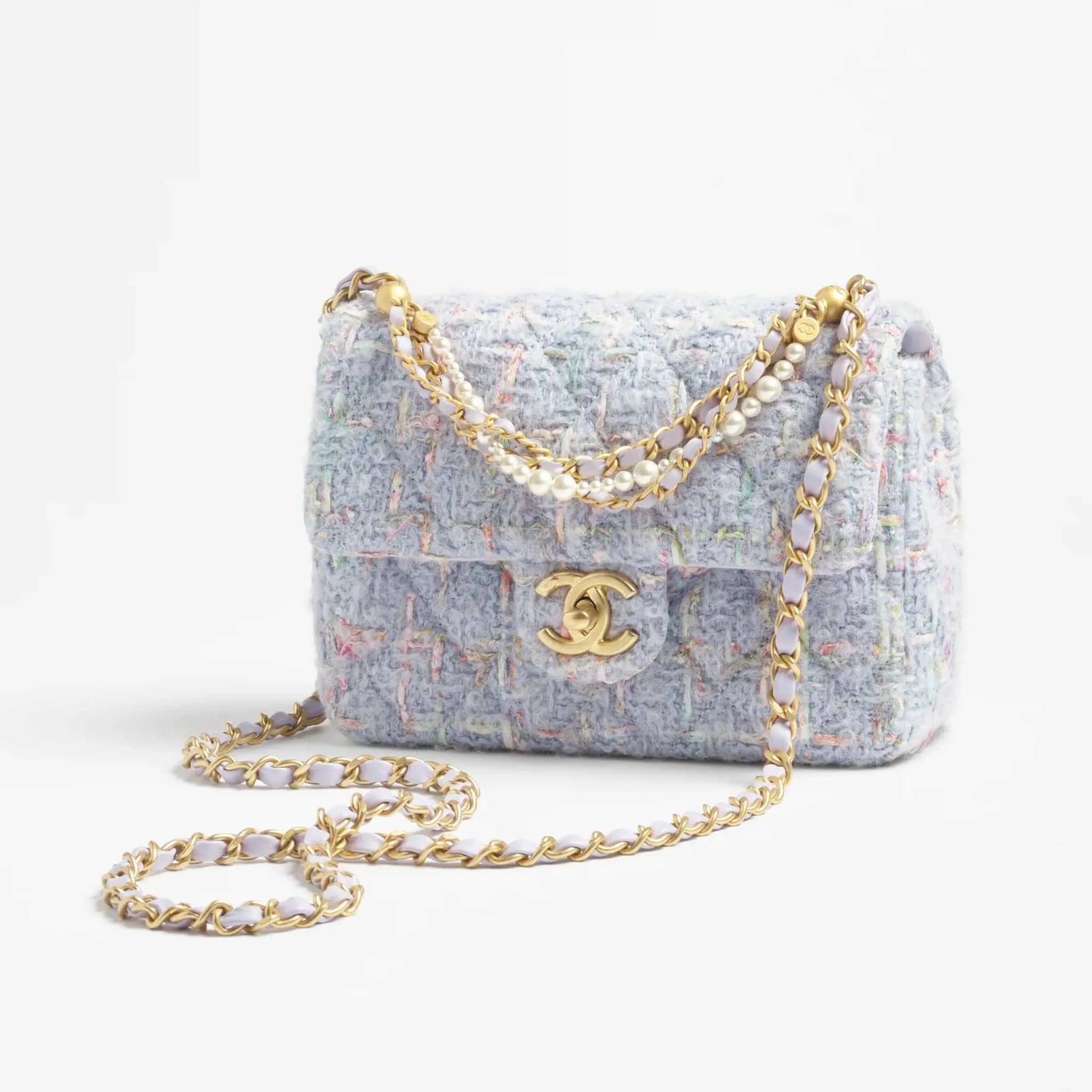 Chanel Mini Flap Bag in Wool Tweed with Imitation Pearls, Front