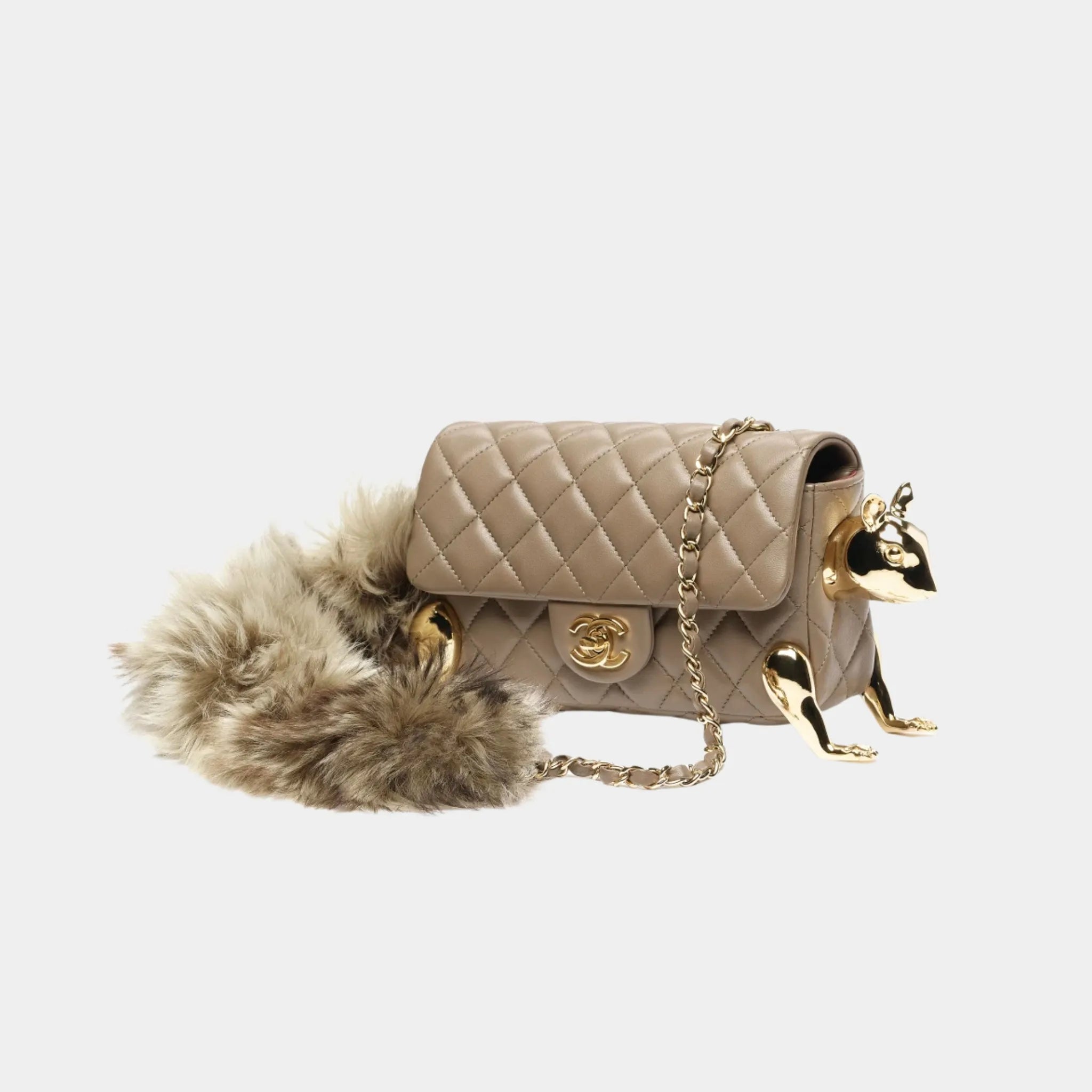 Chanel Mini Flap Bag in Lambskin with Metal & Shearling Squirrel Motif, Side