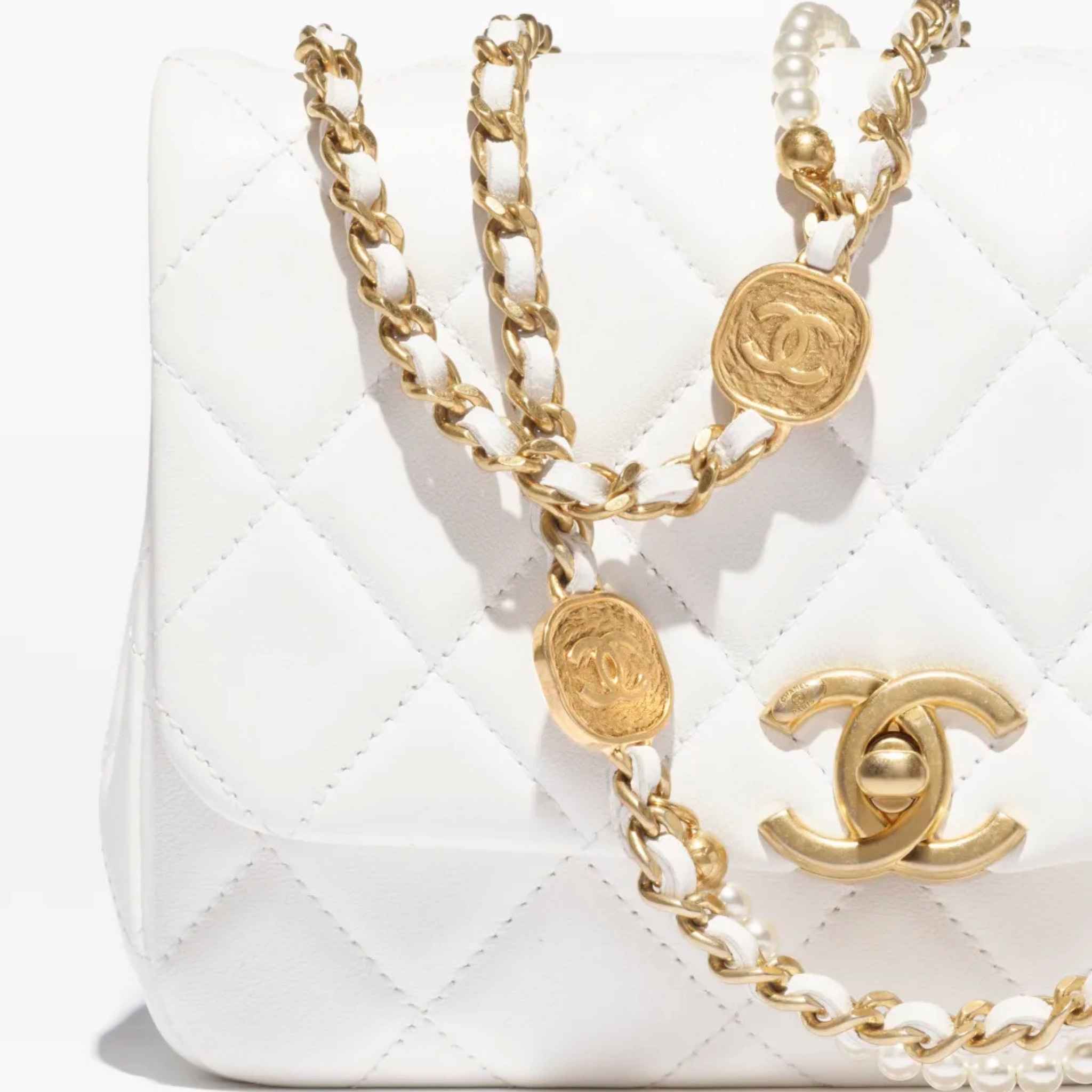 Chanel Mini Flap Bag Shiny Lambskin Pearls & Gold-Tone Metal White, Logo