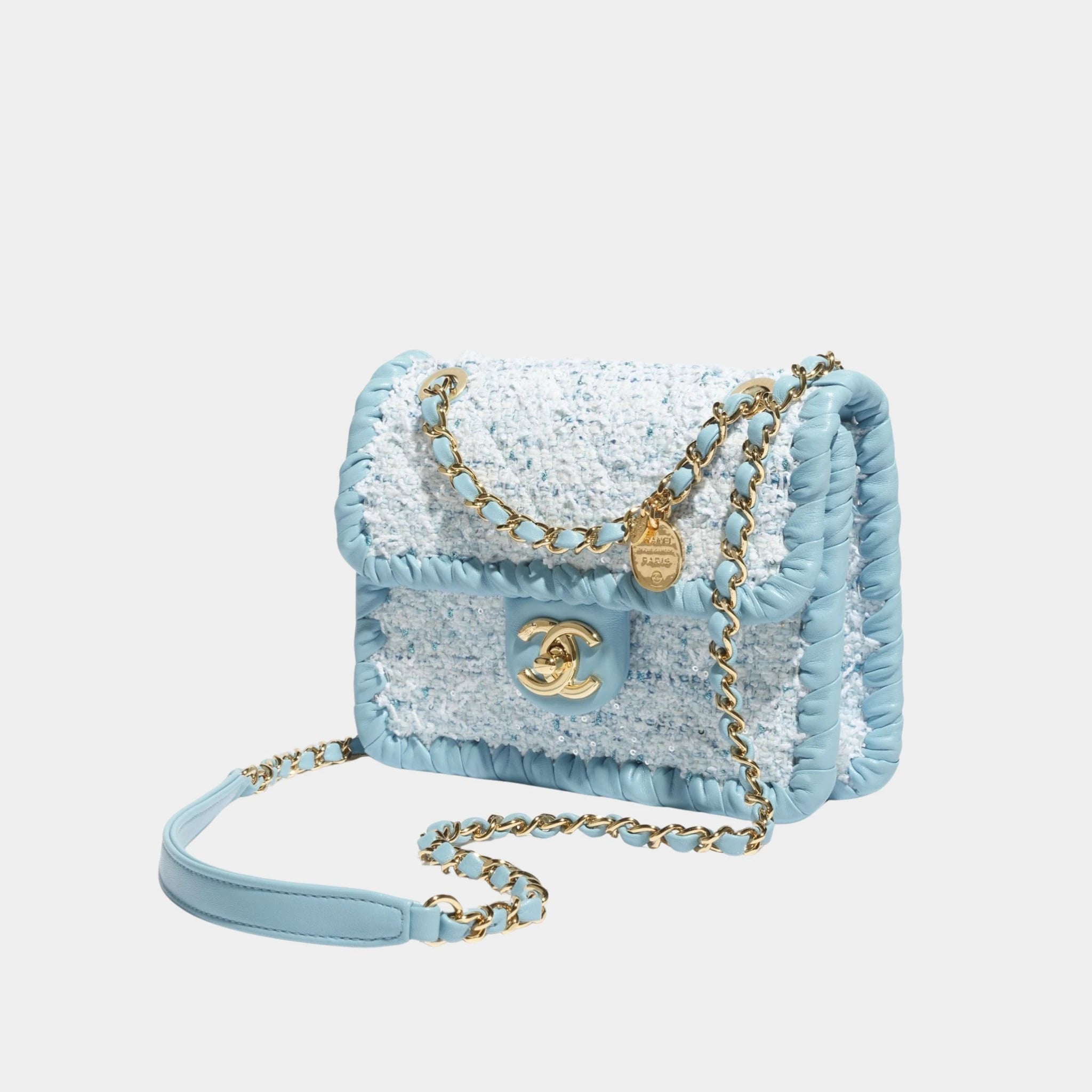 Chanel Mini Flap Bag Tweed Braided Calfskin & Gold Tone Metal, blue, Side