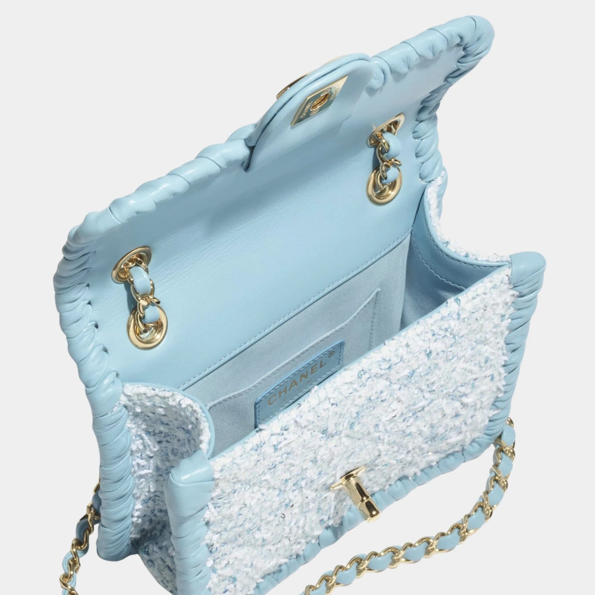 Chanel Mini Flap Bag Tweed Braided Calfskin & Gold Tone Metal, blue, Top