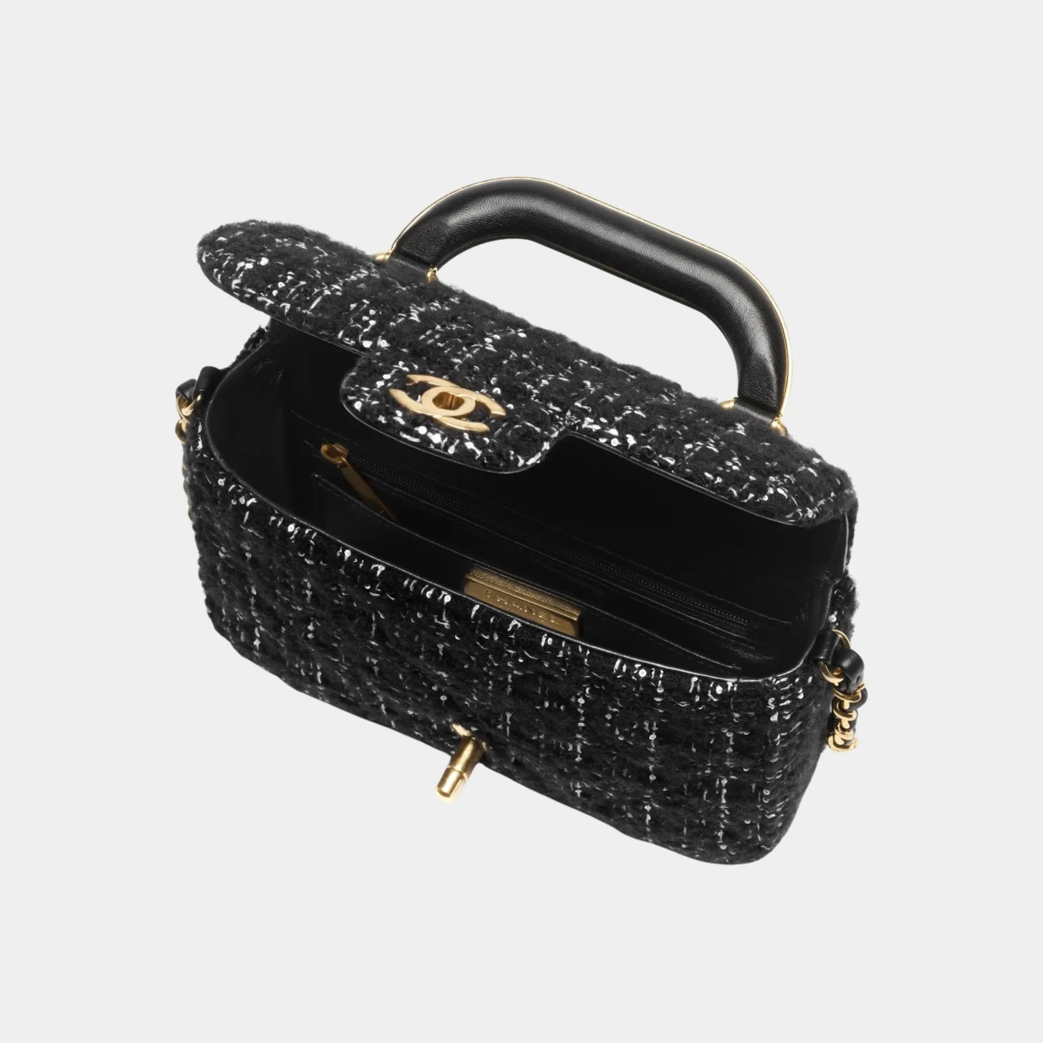 Chanel Mini flap Bag With Handle Cashmere Tweed & Gold Metal Black & White, Interior