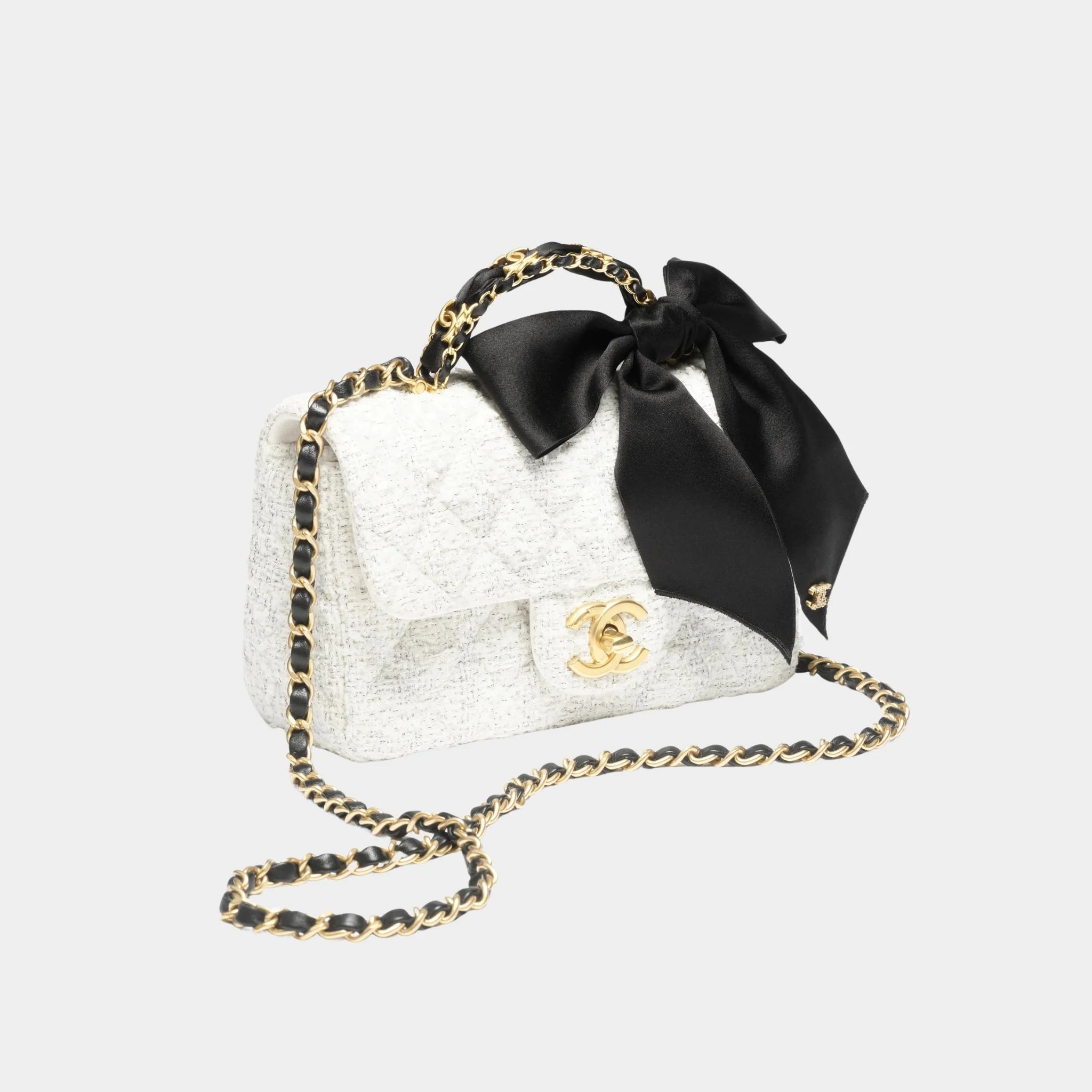 Mini Flap Bag With Handle Silk & Gold Metal Black, Front, White