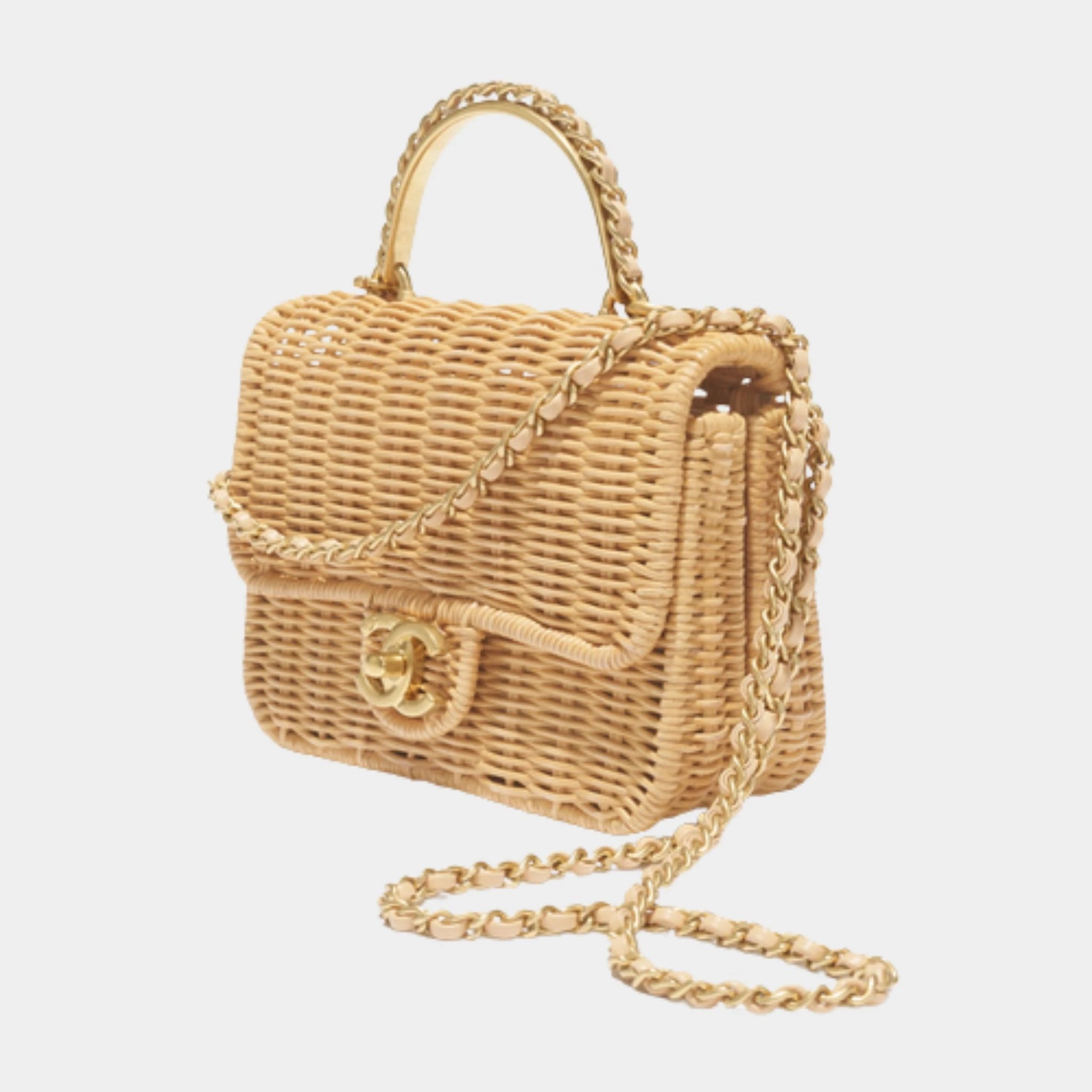 Mini Flap Bag with Top handle Braided Rattan & Gold-Tone Metal