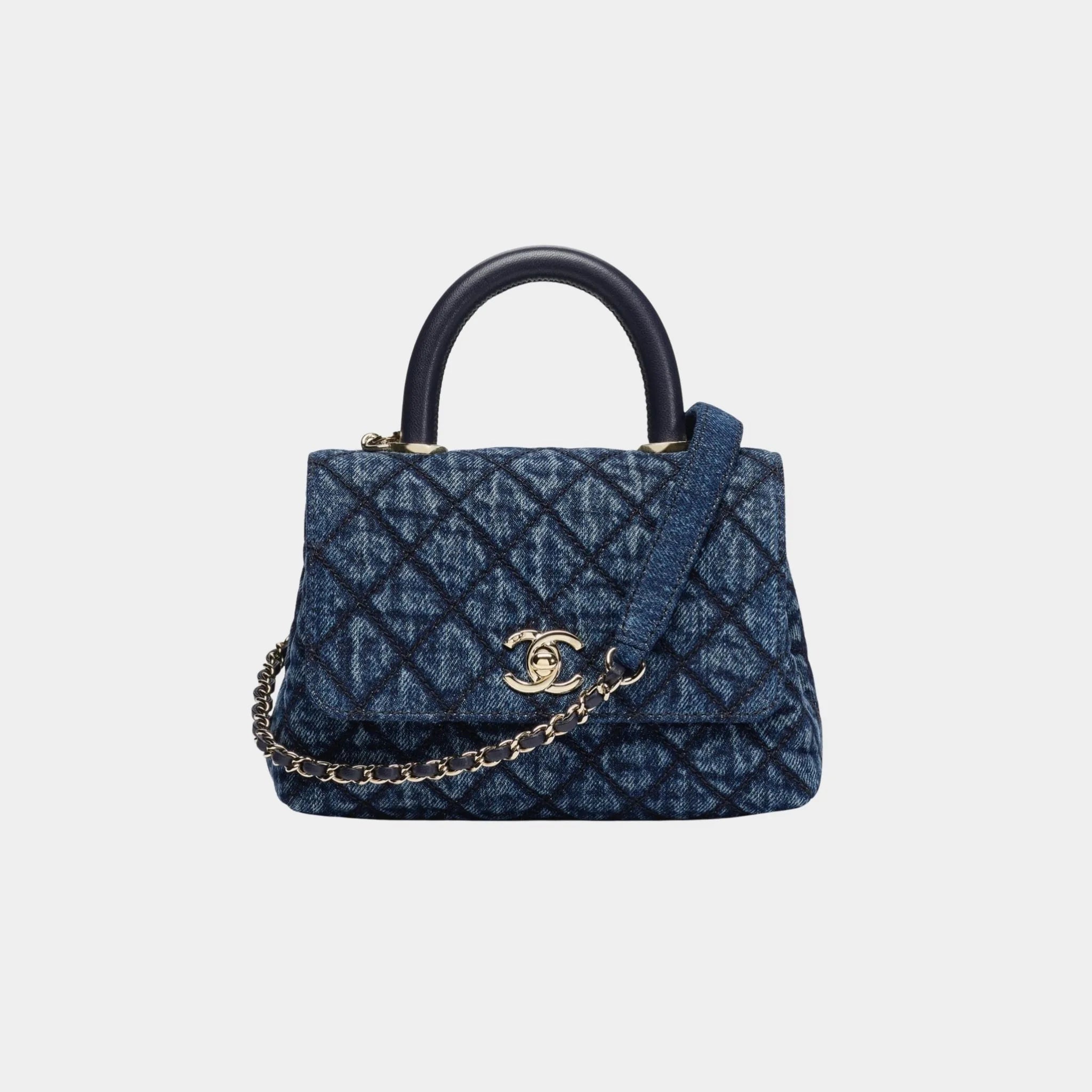 Chanel Mini Flap Bag With Top Handle denim Calfskin & Gold Tone Metal, Front