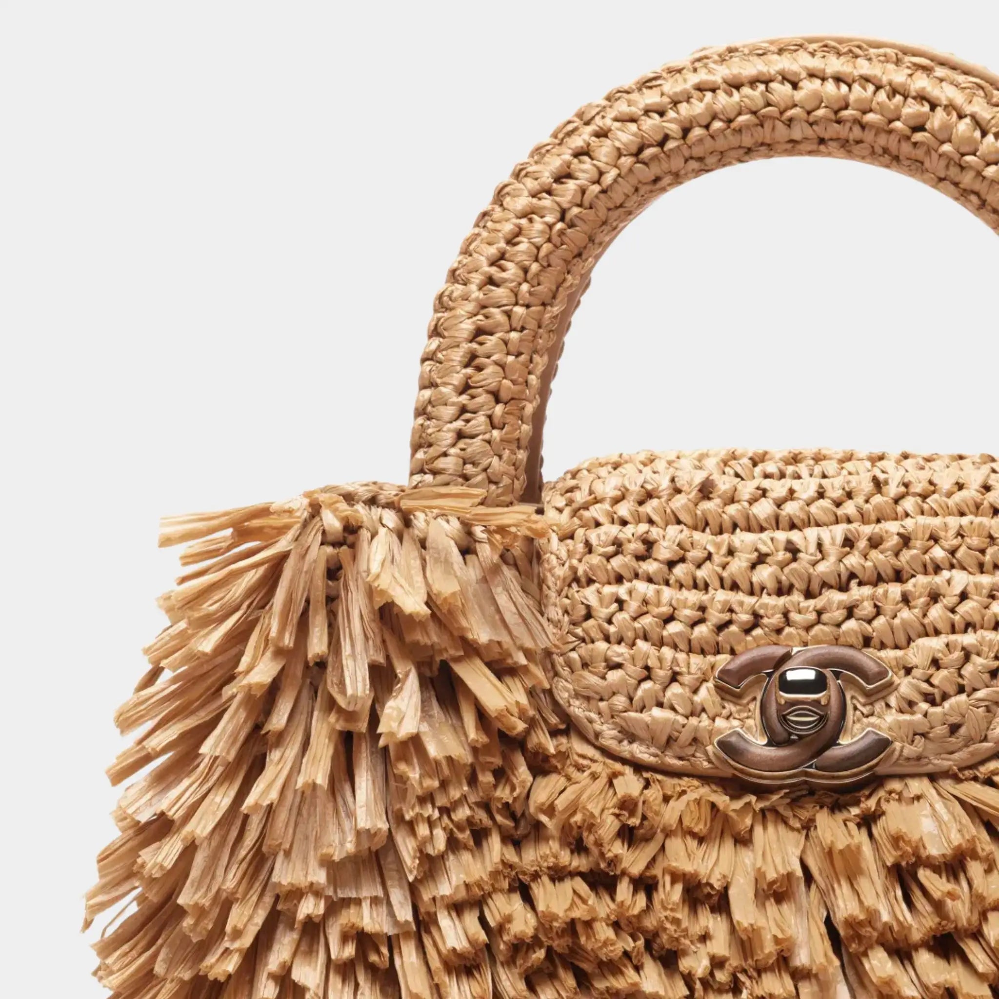 Chanel Mini Tote Bag Fringed Raffia Wood & Gilded Metal Dark beige, front closeup