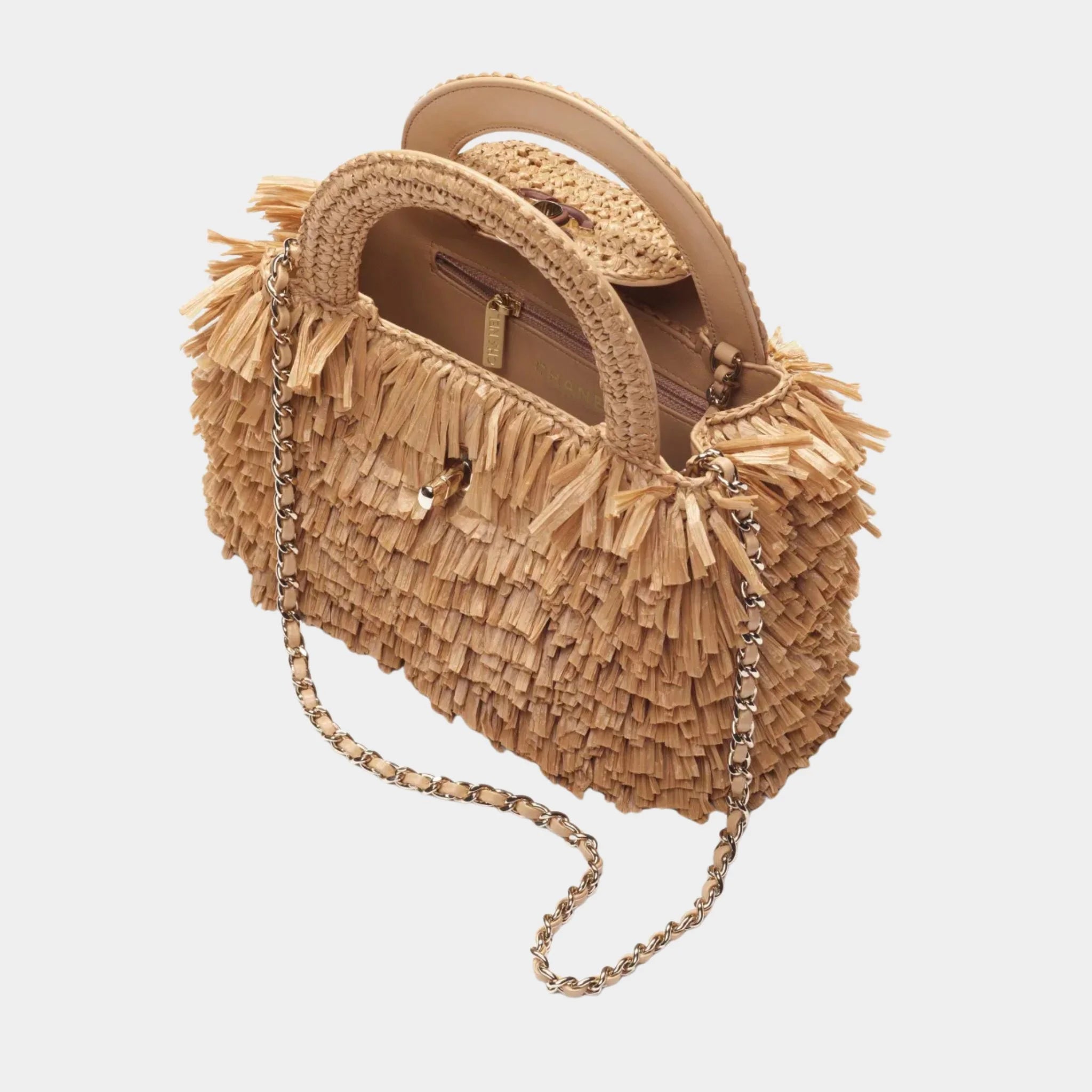 Chanel Mini Tote Bag Fringed Raffia Wood & Gilded Metal Dark beige, top