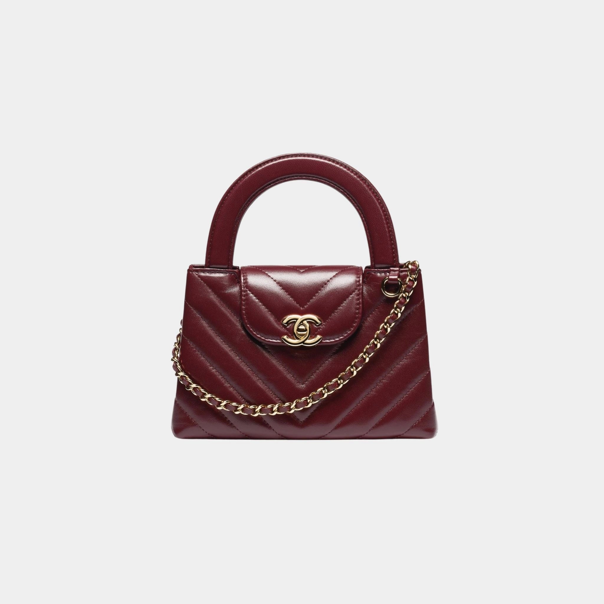 Chanel Mini Tote Bag Shiny Lamb & Gold-Plated Metal , Front , Burgundy
