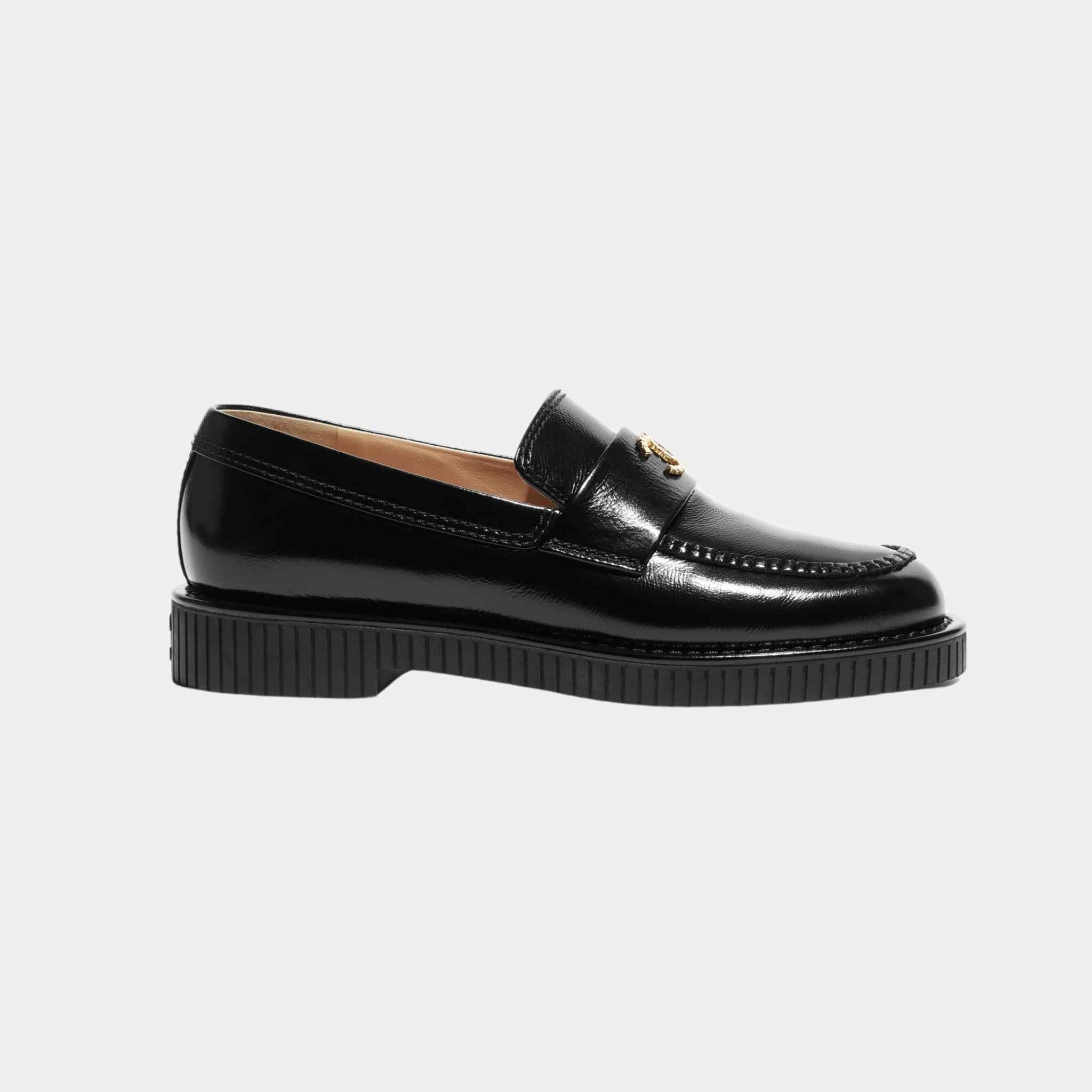 Chanel Moccasins Shiny Crumpled Calfskin  Black, Side