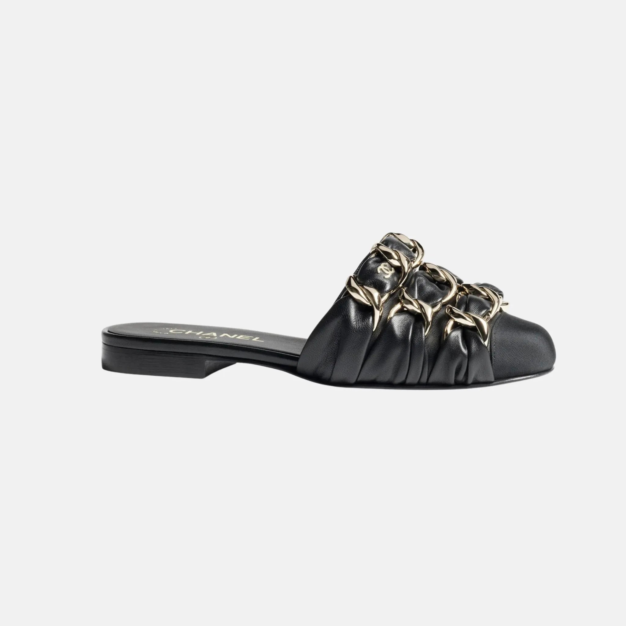 Chanel Mules in Lambskin and Grosgrain, Black, Side