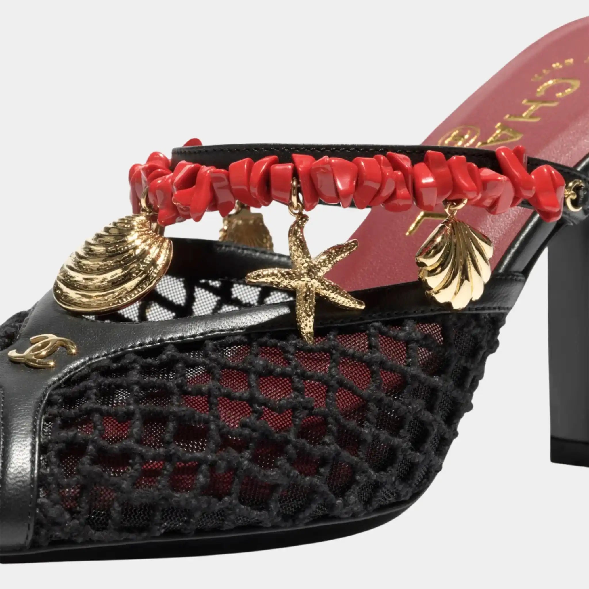 Chanel Mules in Mesh Cotton Lambskin Resin & Metal, Black, Close