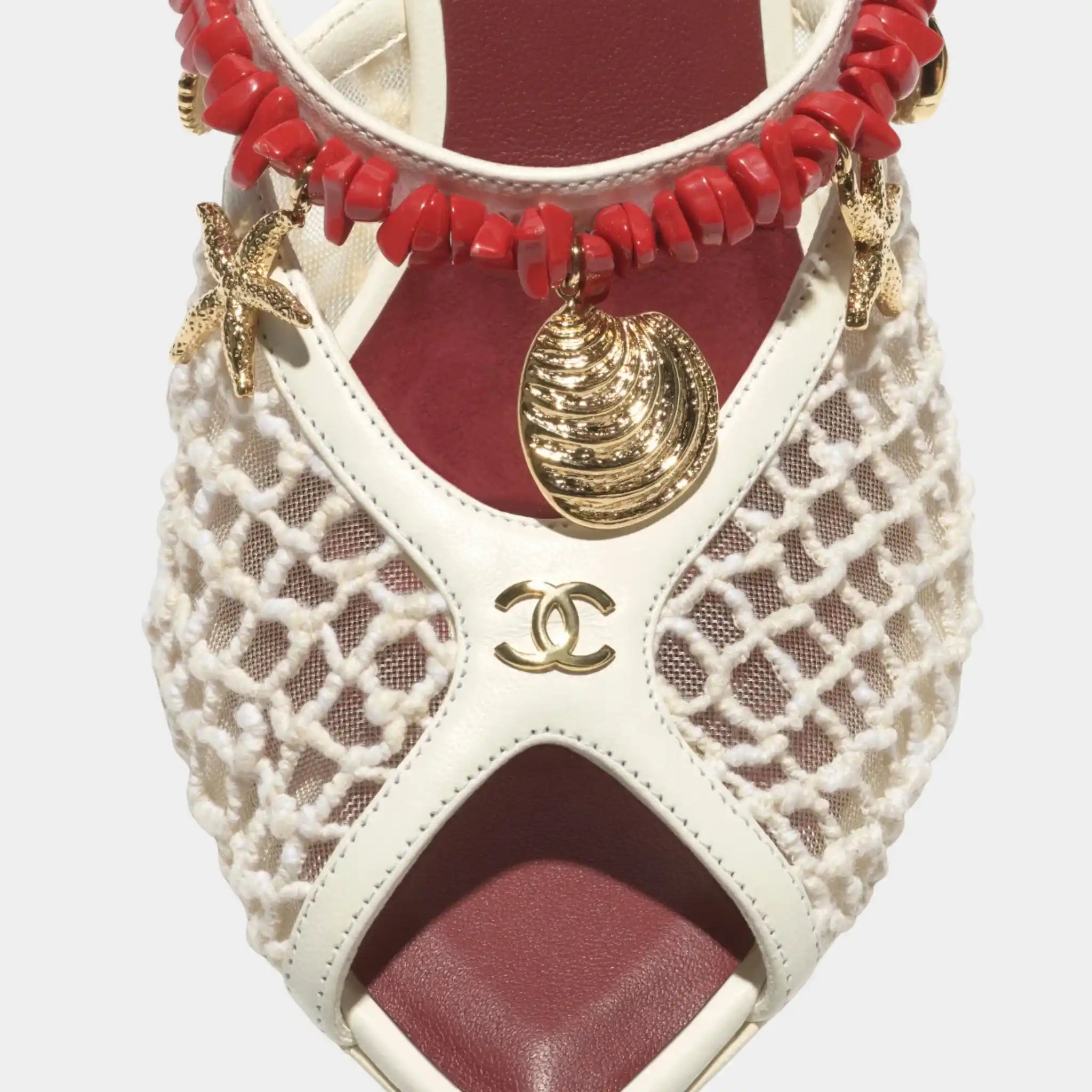 Chanel Mules in Mesh Cotton Lambskin Resin & Metal, White, Close
