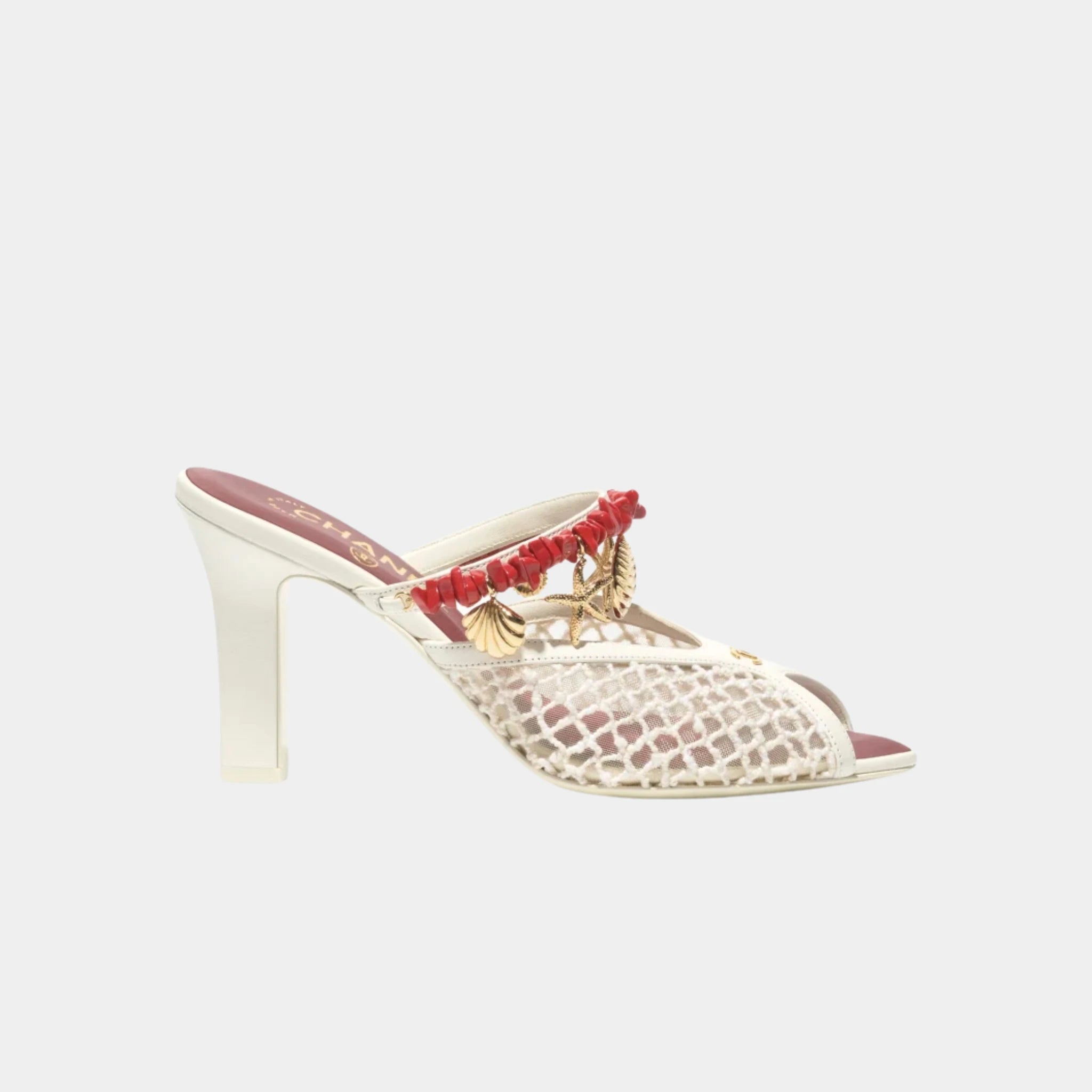 Chanel Mules in Mesh Cotton Lambskin Resin & Metal, White, Side