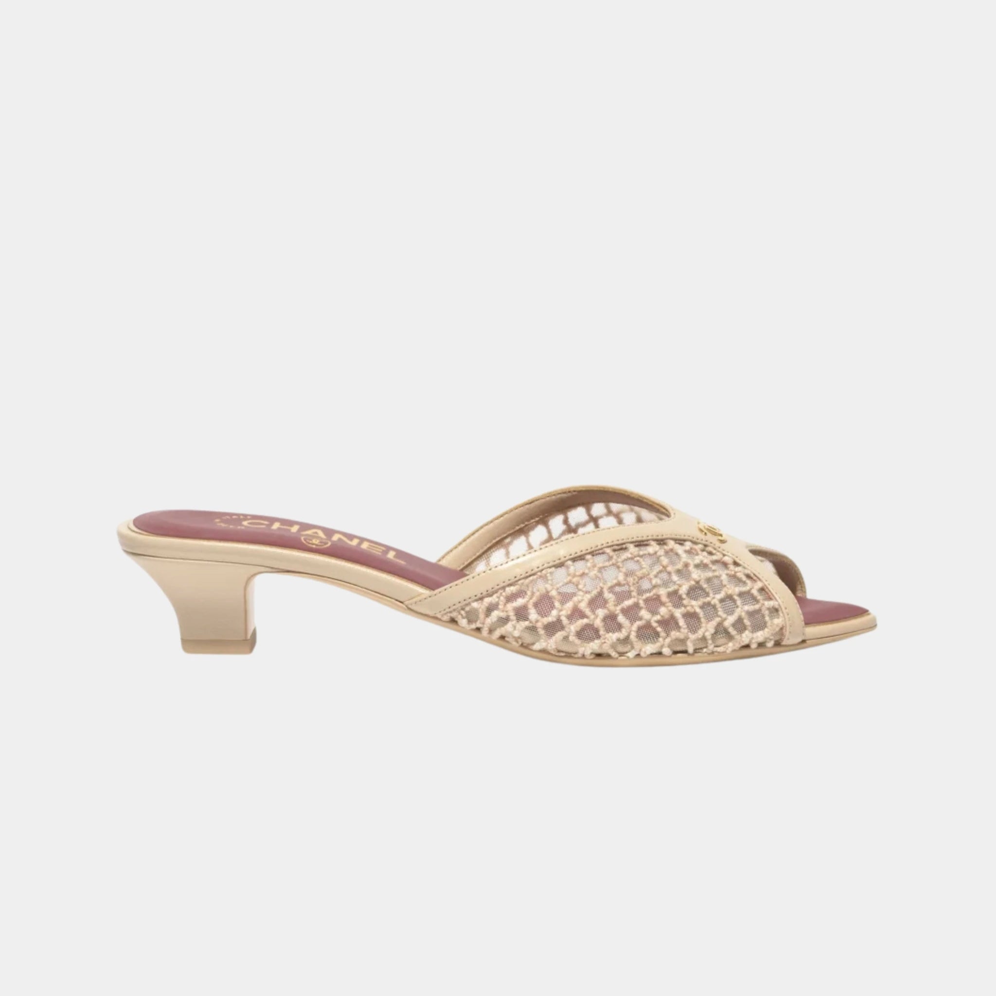 Chanel Mules in Mixed Fibers Cotton & Lambskin, Light Beige, Side