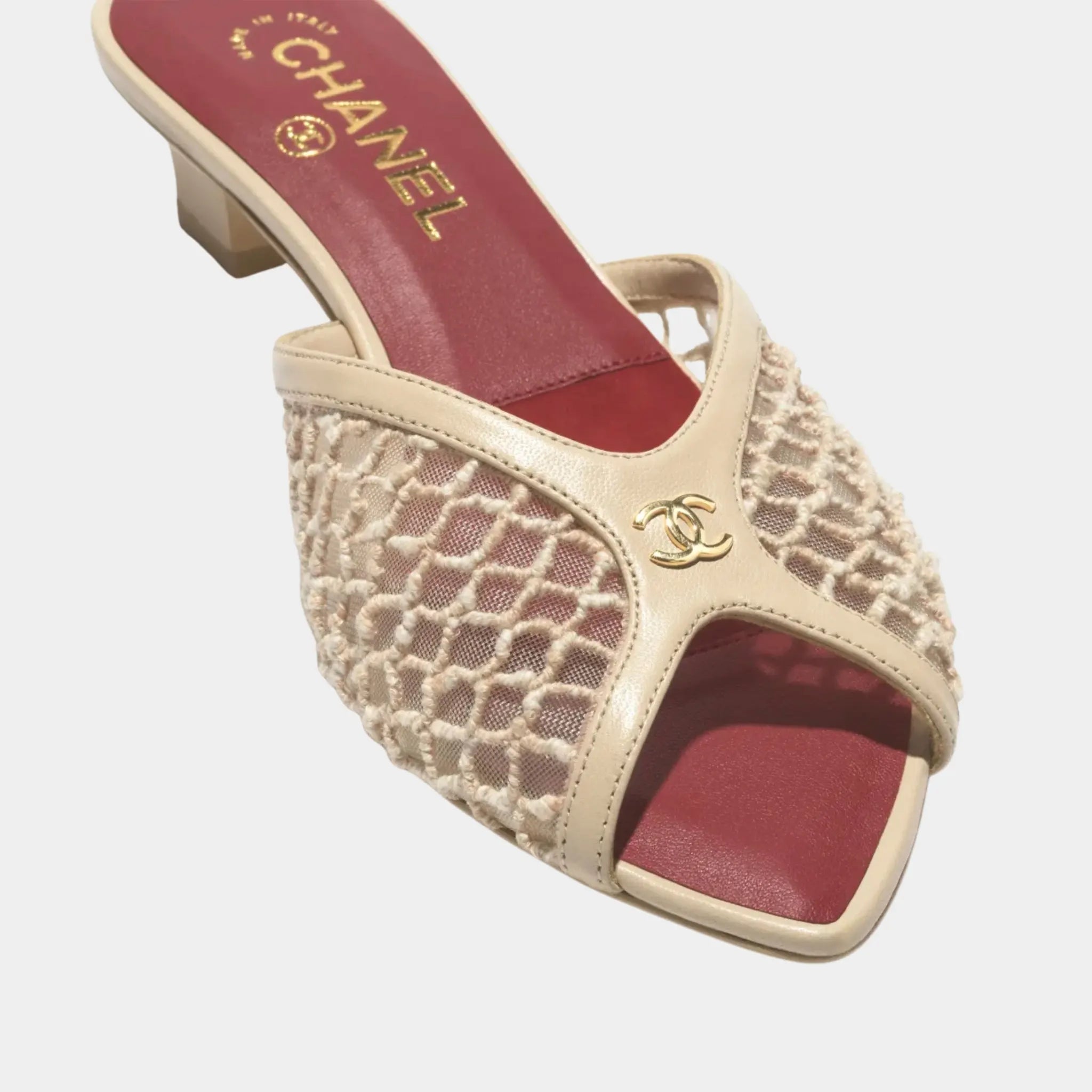 Chanel Mules in Mixed Fibers Cotton & Lambskin, Light Beige, Top