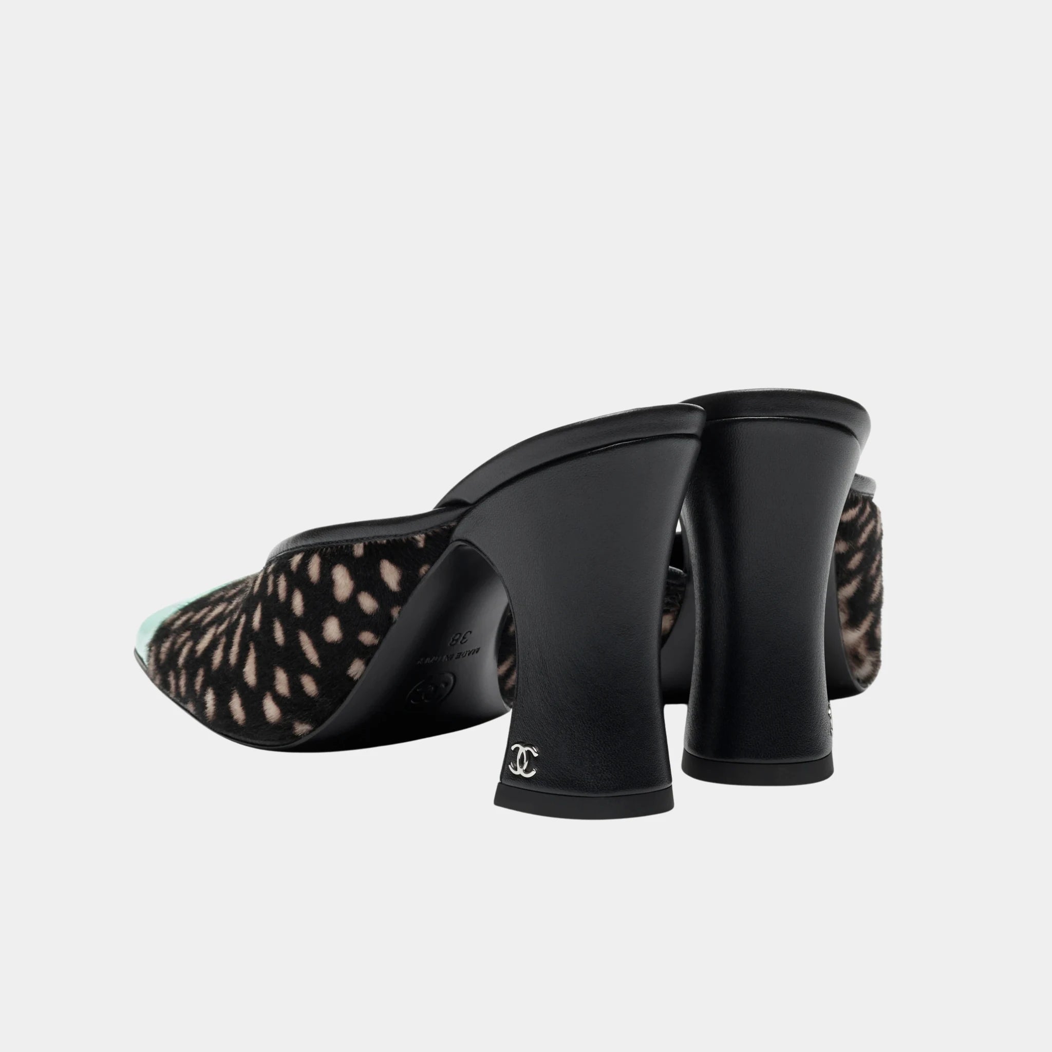 Chanel Mules in Lambskin & Patent Calfskin, Black, White, Green, Back