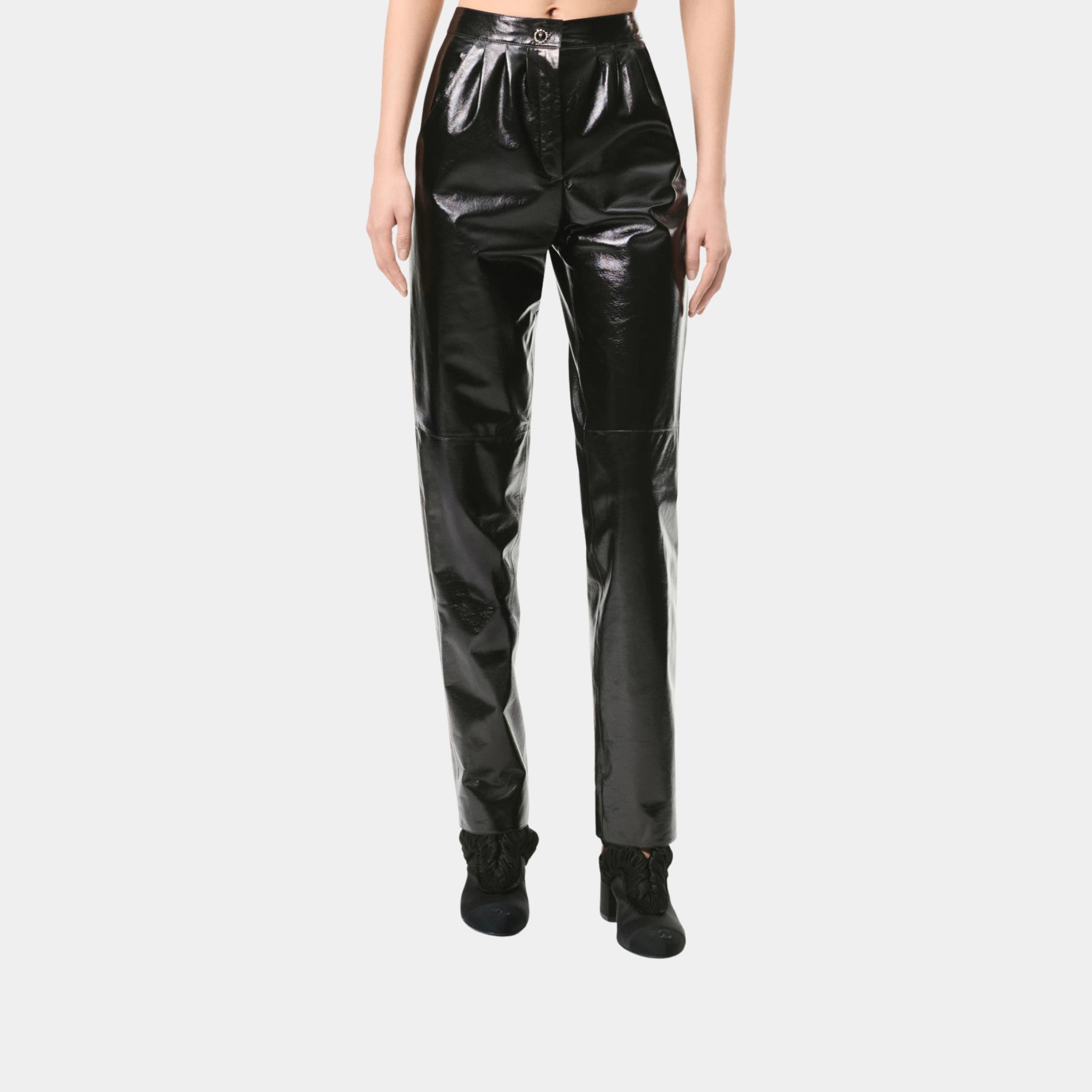 Chanel Pants in Black Lambskin, Black, Front