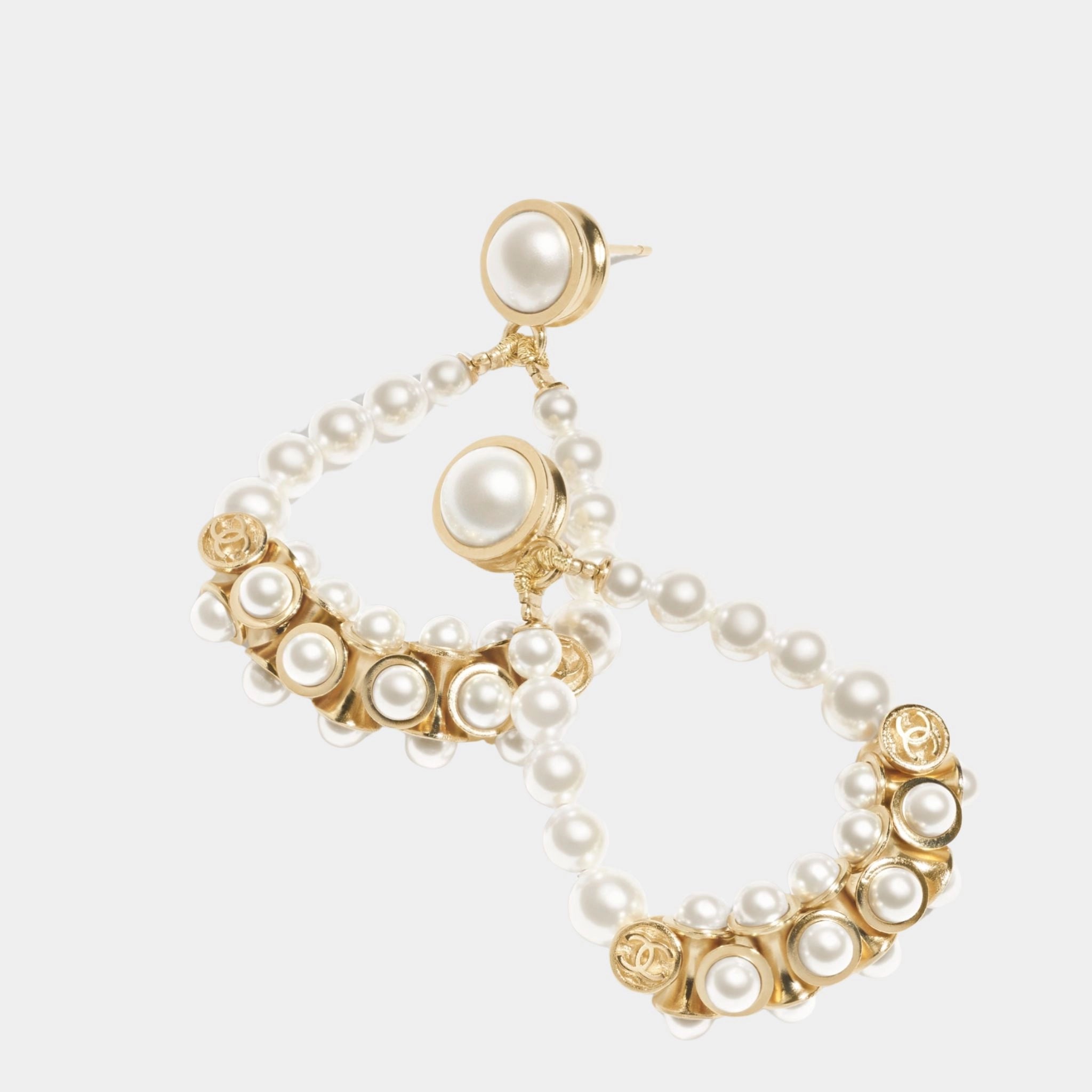 Pendant Earrings Metal & Glass Pearls Gold & Pearly White