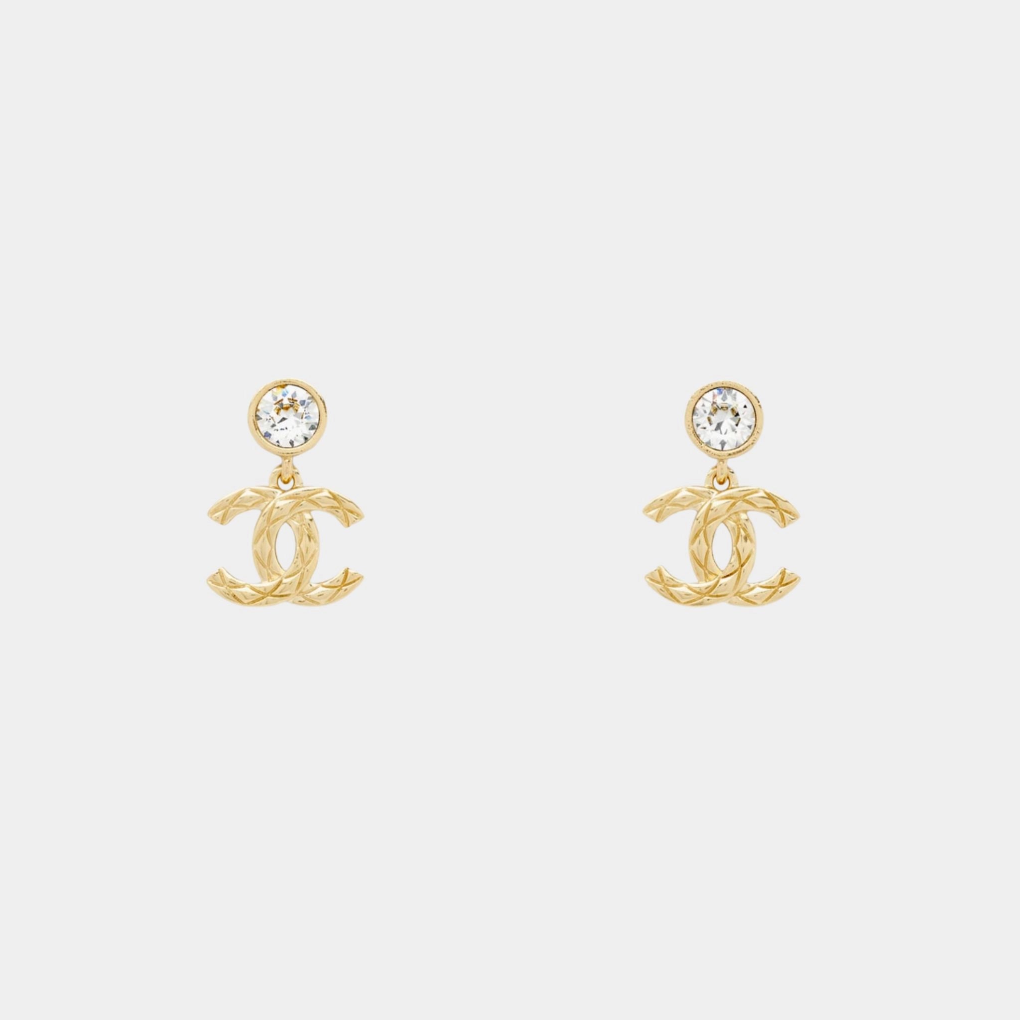 Chanel Pendant Embossed CC Earrings Metal & Diamantes Gold & Crystal