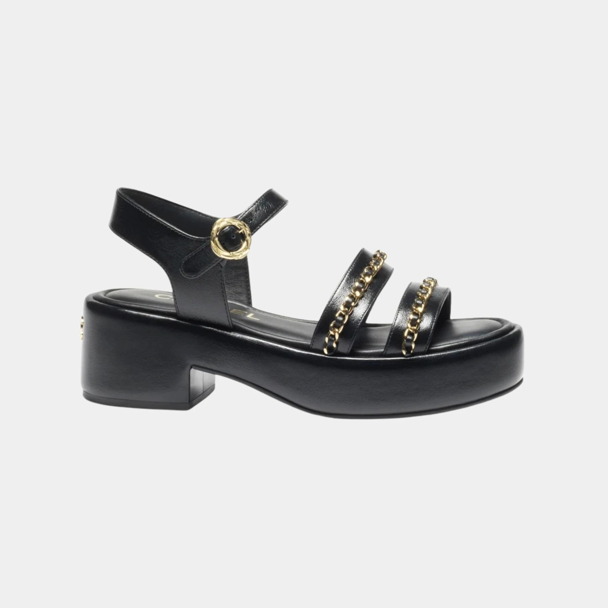 Chanel Platform Sandals in Calfskin, Black, Side