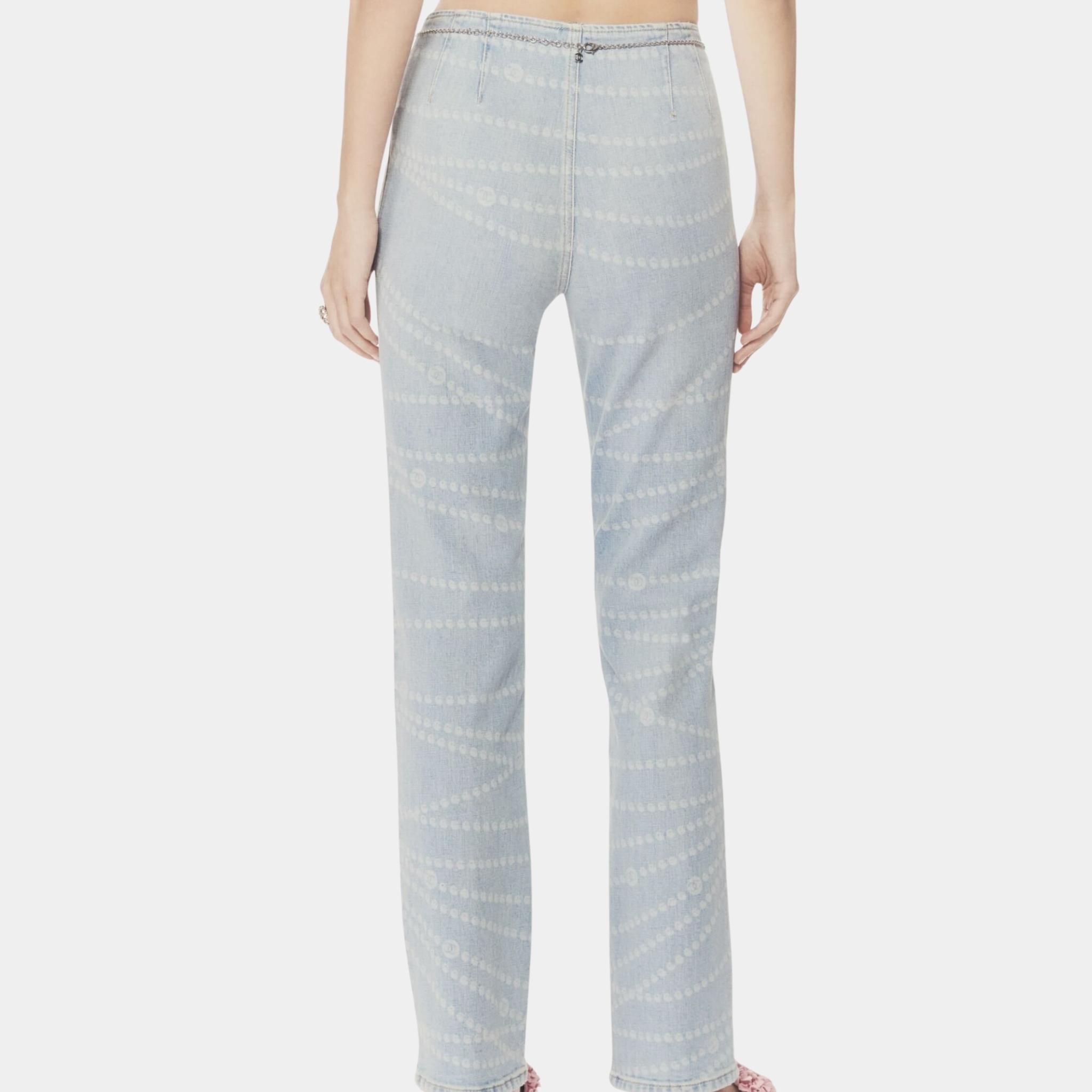 Chanel Printed Washed Light Blue and White Denim Jeans, Back