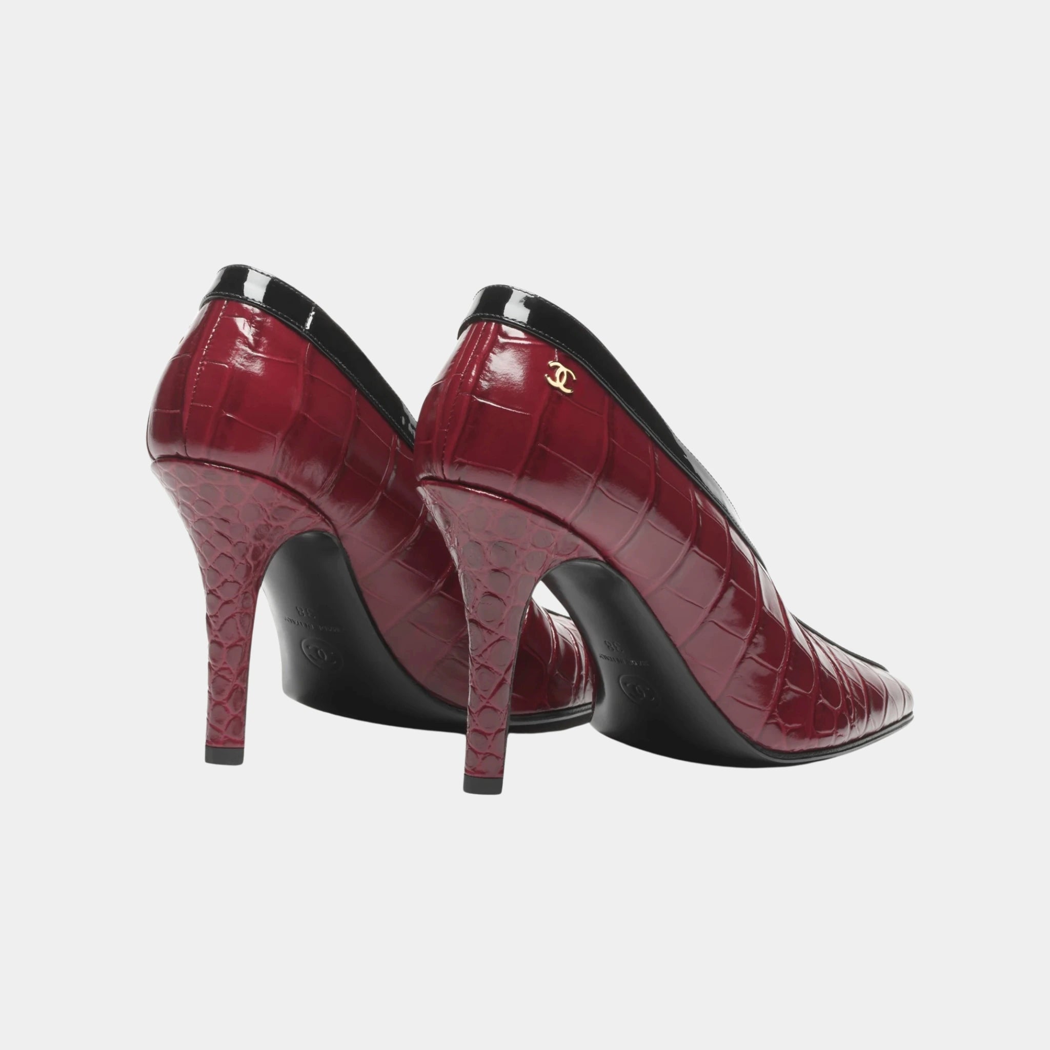 Chanel Pumps in Crocodile Embossed Calfskin & Patent Calfskin, Burgundy, Black, Back