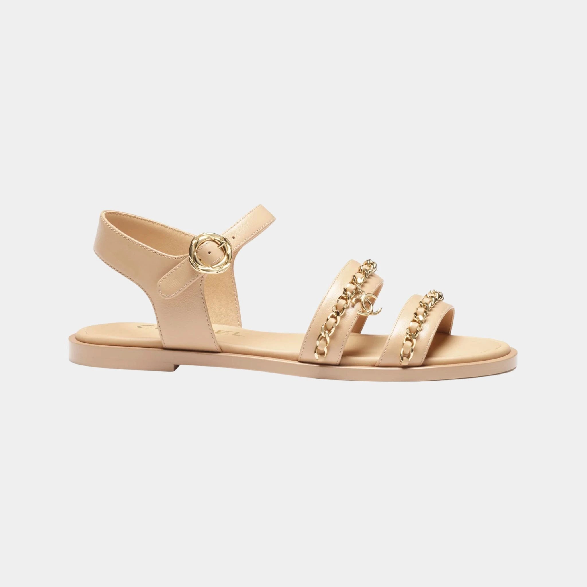 Chanel Sandals in Calfskin with Gold Plated Chains, Beige, Side