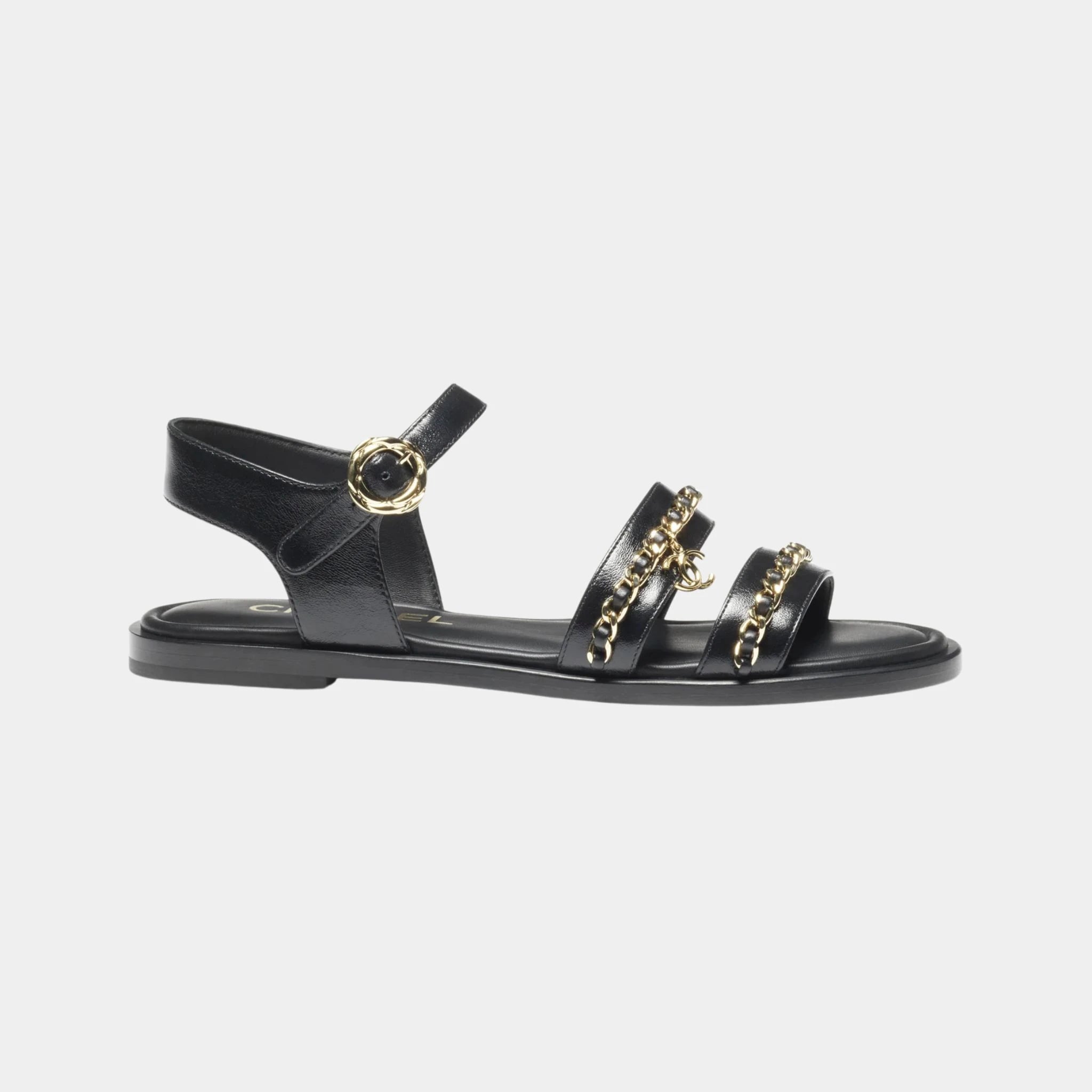 Chanel Sandals in Calfskin with Gold Plated Chains, Black, Side