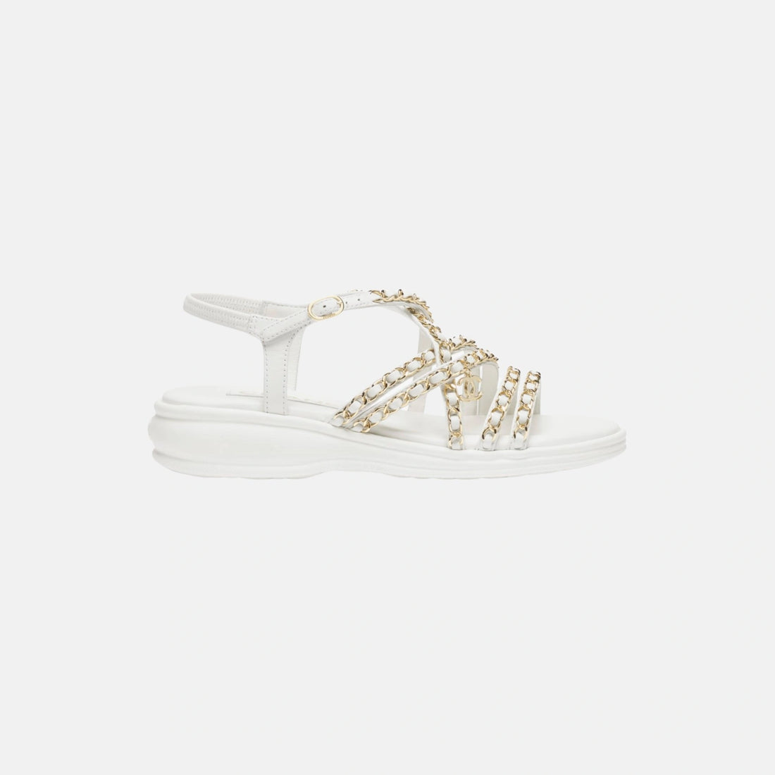 Chanel Sandals in Lambskin and Metal, White, Side