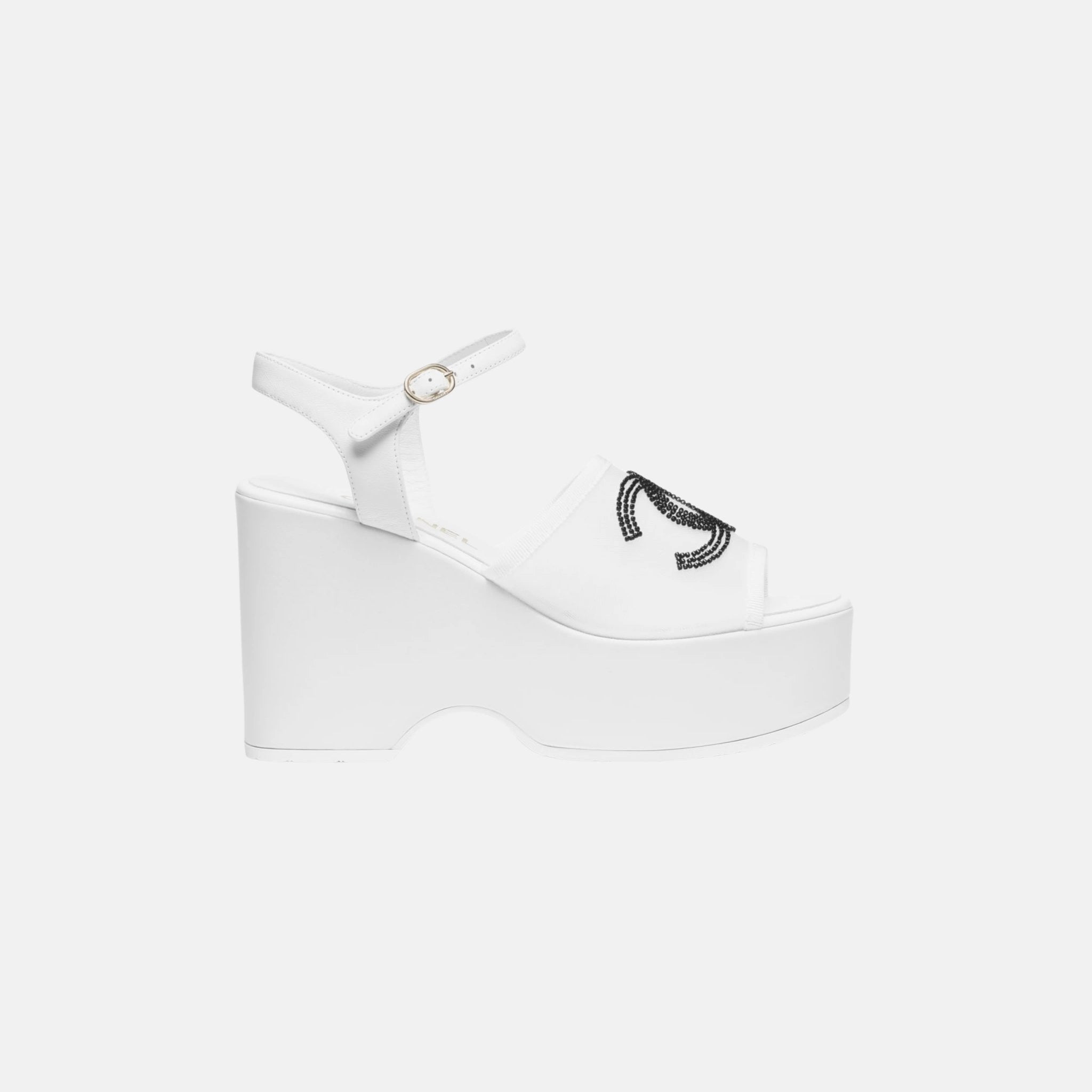 Chanel Sandals in Mesh and Glass Beads, White and Black