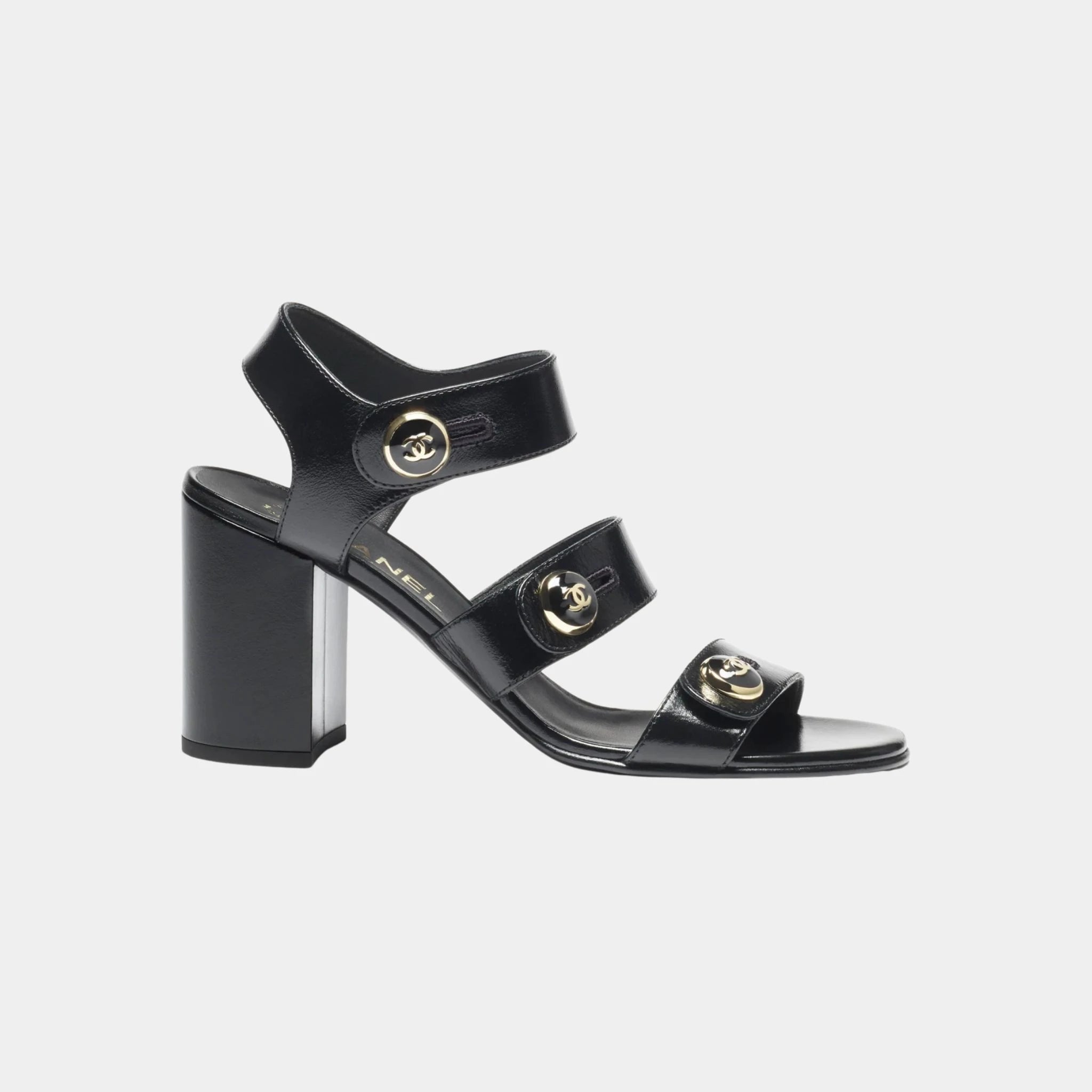 Chanel Sandals in Shiny Calf, Black, Side