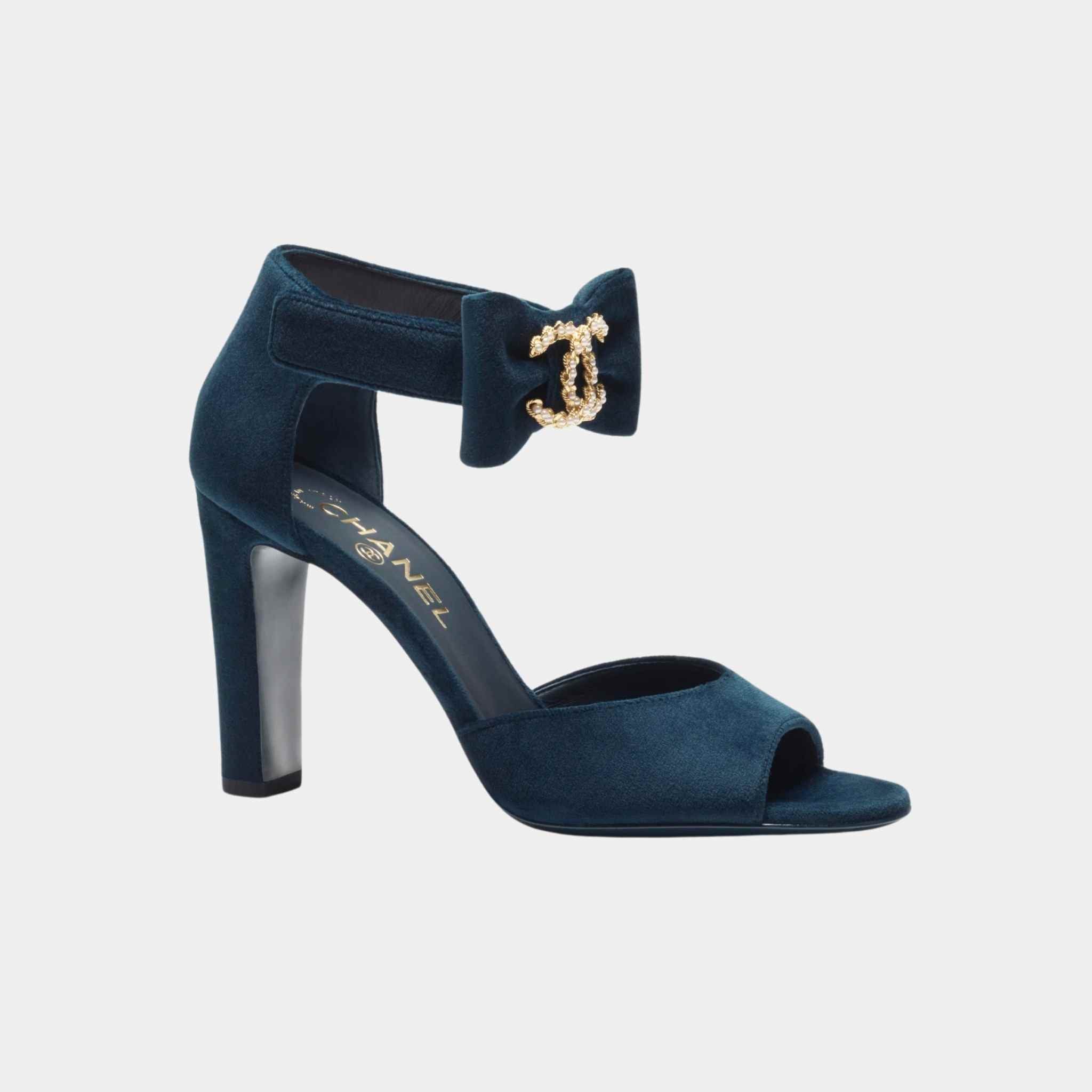 Chanel Sandals Velvet, Imitation Pearls  Metal Dark Blue, Side and heal