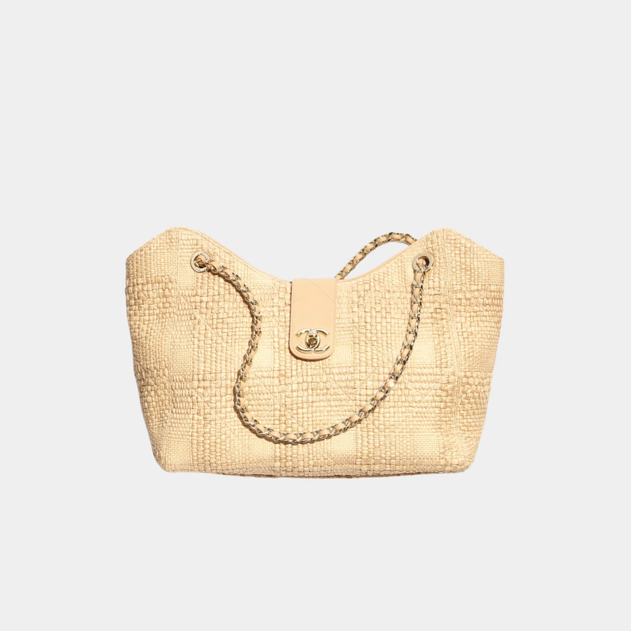 Shopping Bag Braided Raffia & Gold Tone Metal Beige, Front