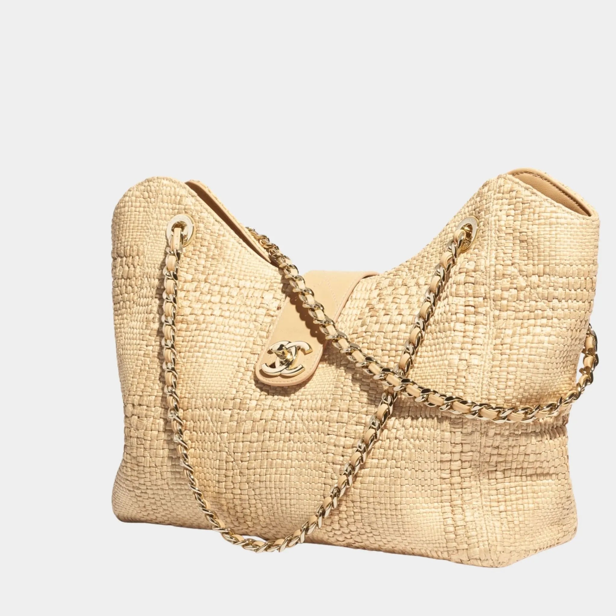 Shopping Bag Braided Raffia & Gold Tone Metal Beige, Side