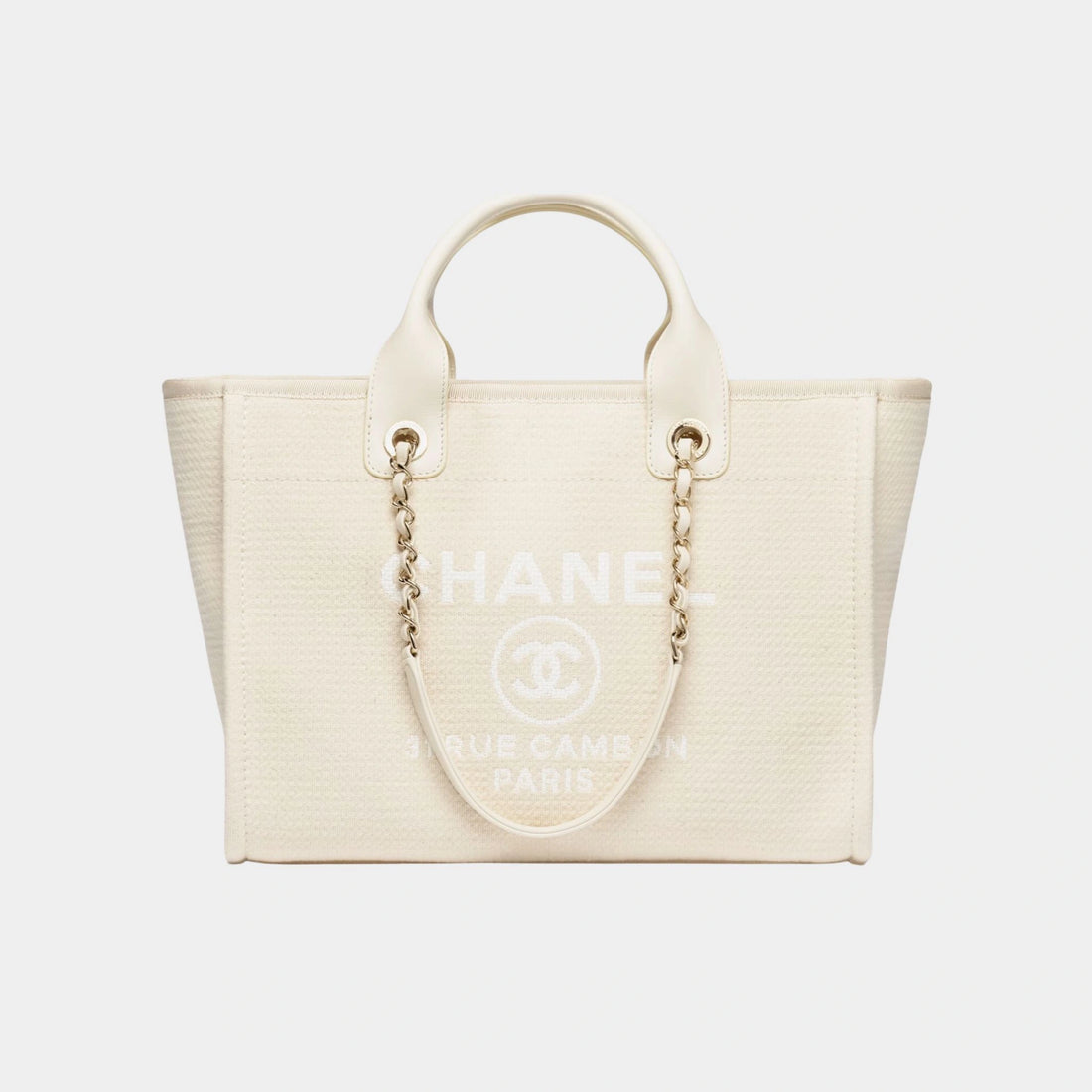Chanel Shopping Bag Canvas & Gold Tone Metal Light Beige, Front