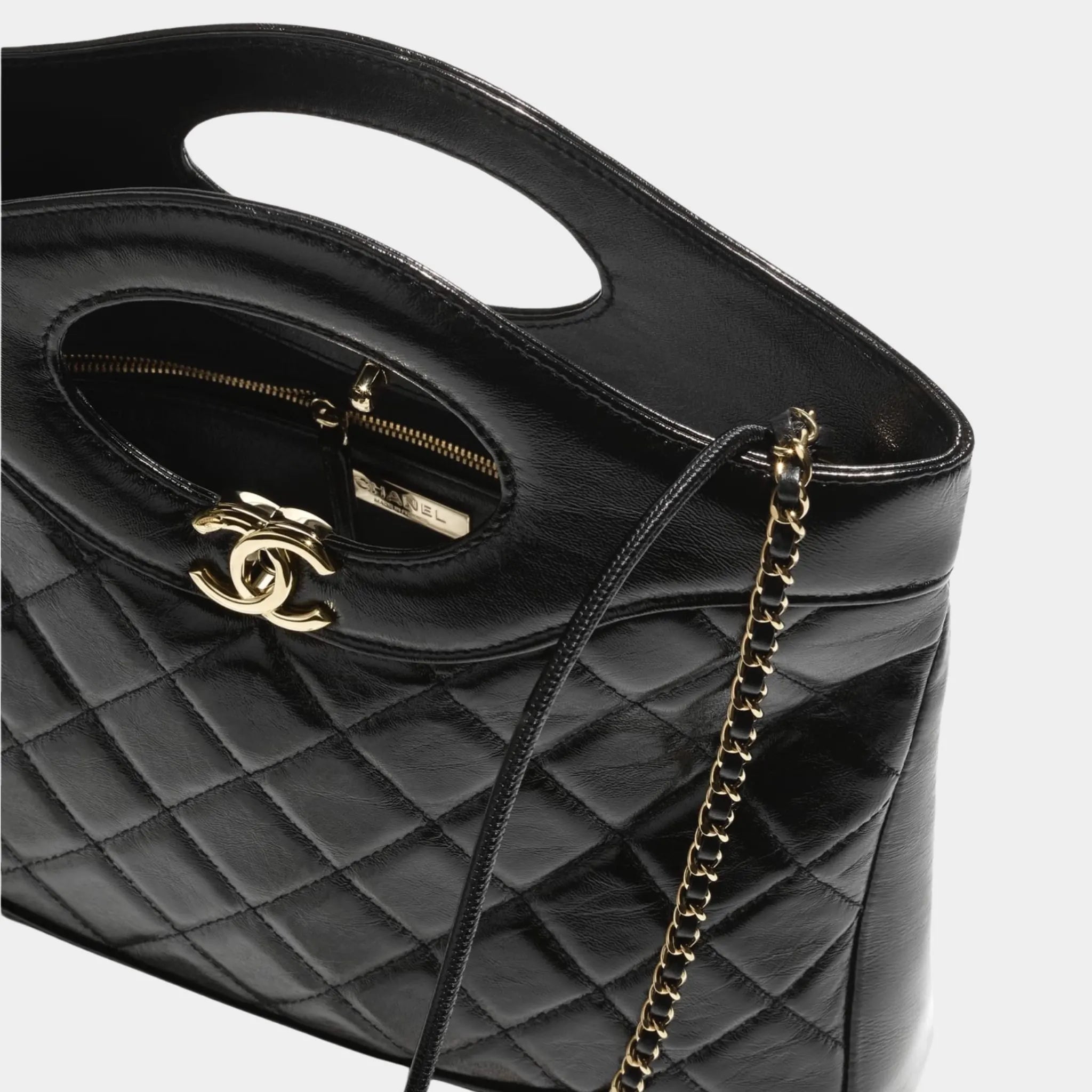 Chanel Shopping Bag Shiny Lambskin & Gold Tone Metal Black